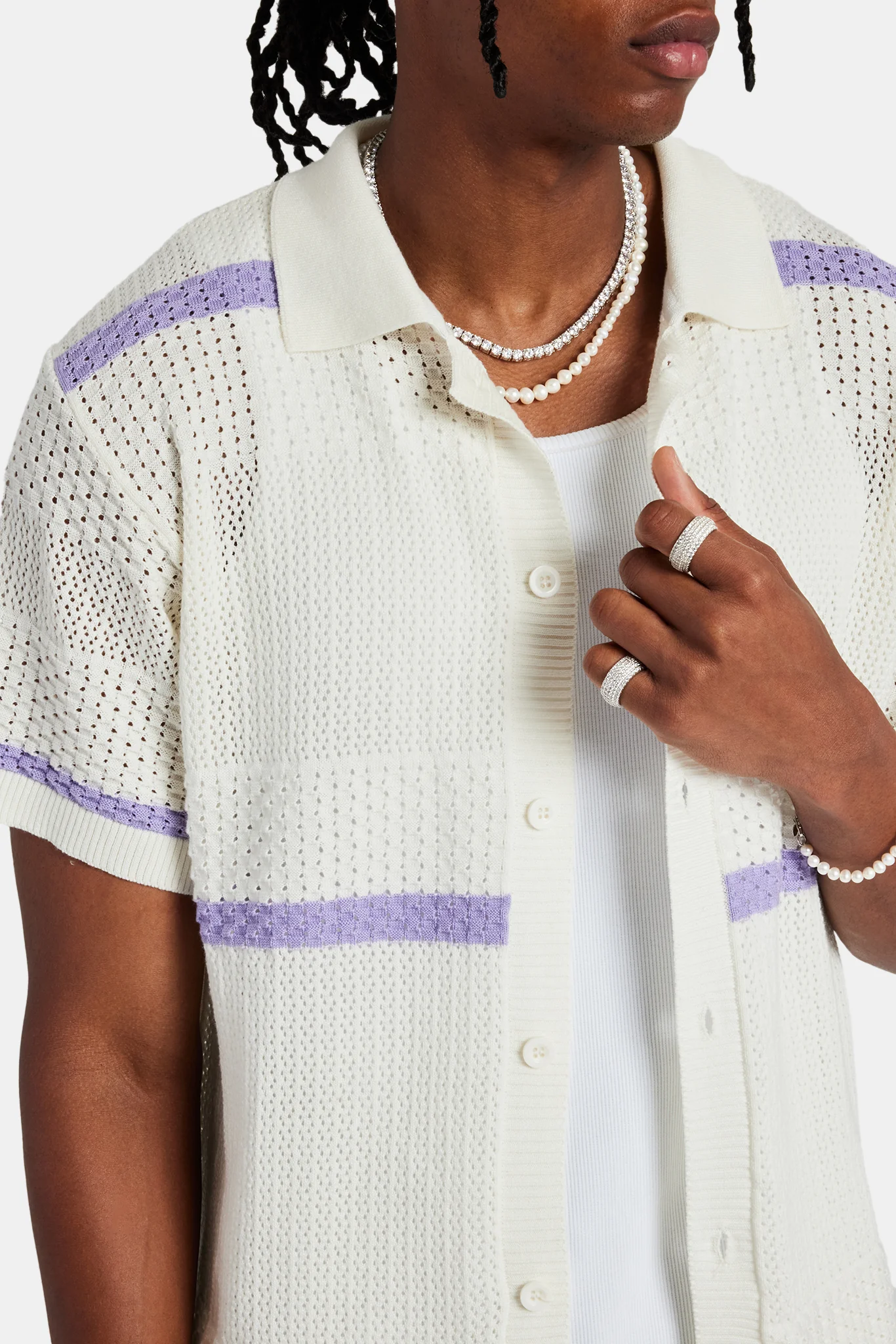 Knitted Button Front Shirt - Purple - Image 3