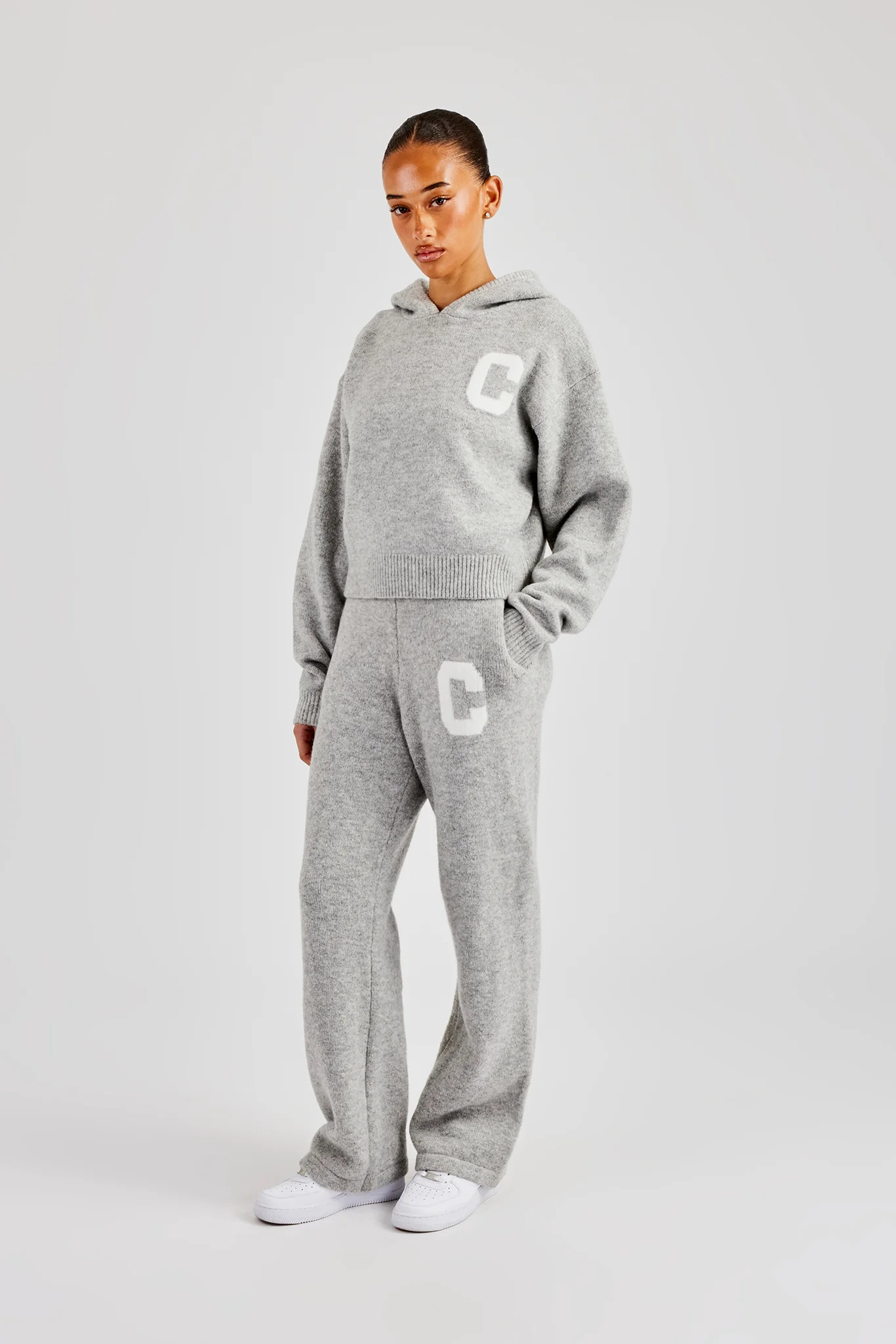 Knitted C Hoodie & Wide Leg Jogger - Light Grey - Image 2