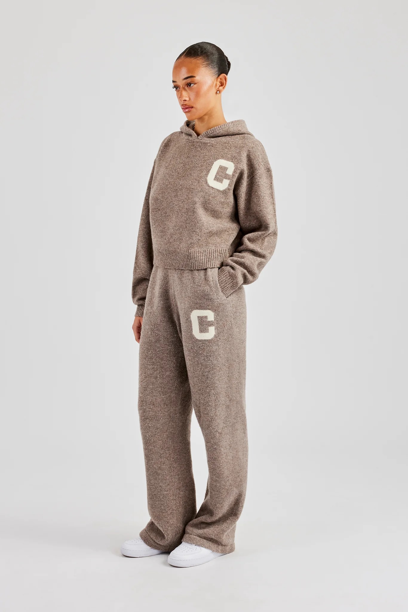 Knitted C Hoodie & Wide Leg Jogger - Taupe - Image 2