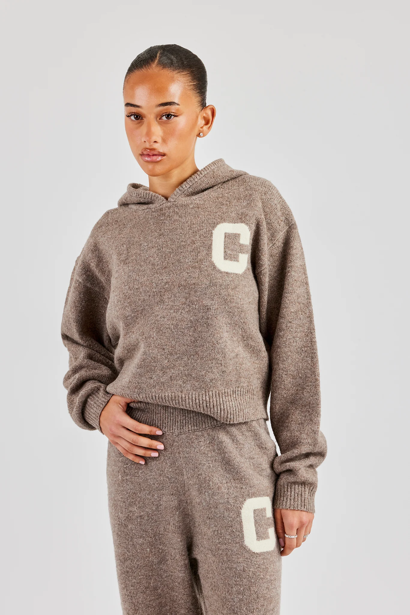 Knitted C Hoodie & Wide Leg Jogger - Taupe - Image 4