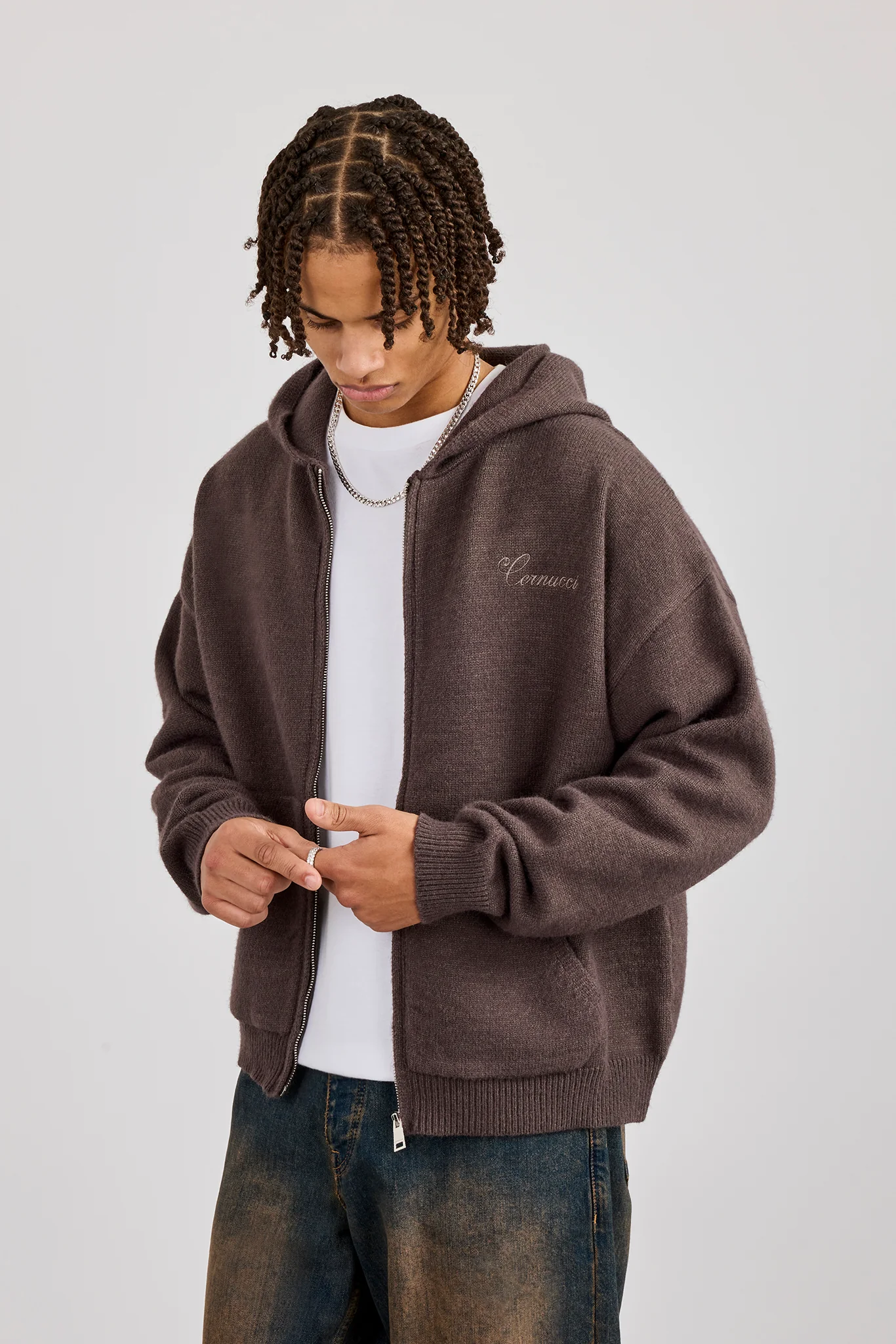 Knitted Cernucci Back Detail Boxy Zip Hoodie - Charcoal - Image 2