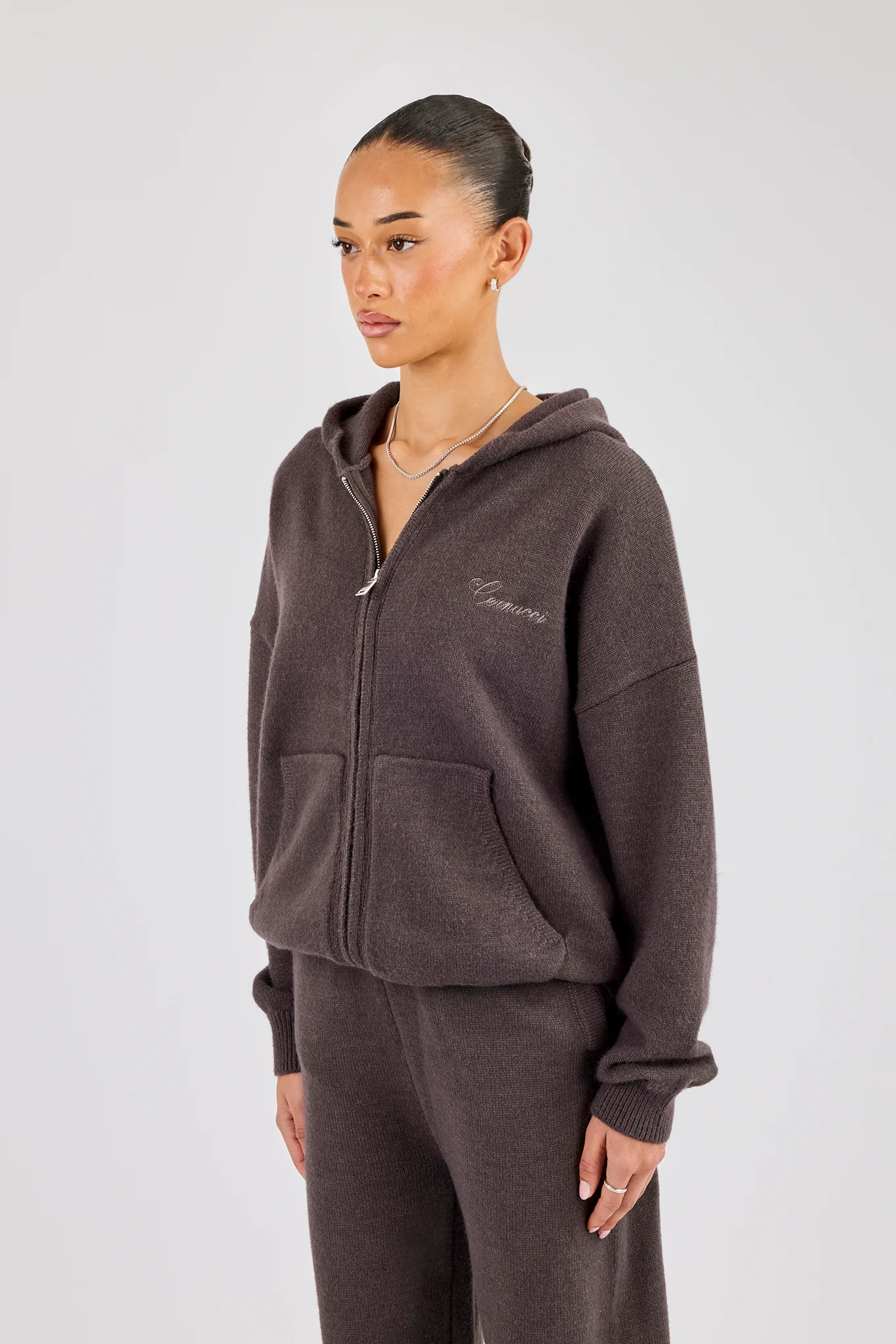 Knitted Cernucci Back Detail Zip Hoodie - Brown - Image 3