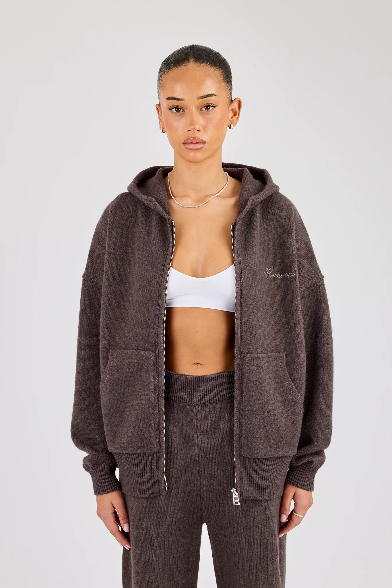 Knitted Cernucci Back Detail Zip Hoodie - Brown - Image 4