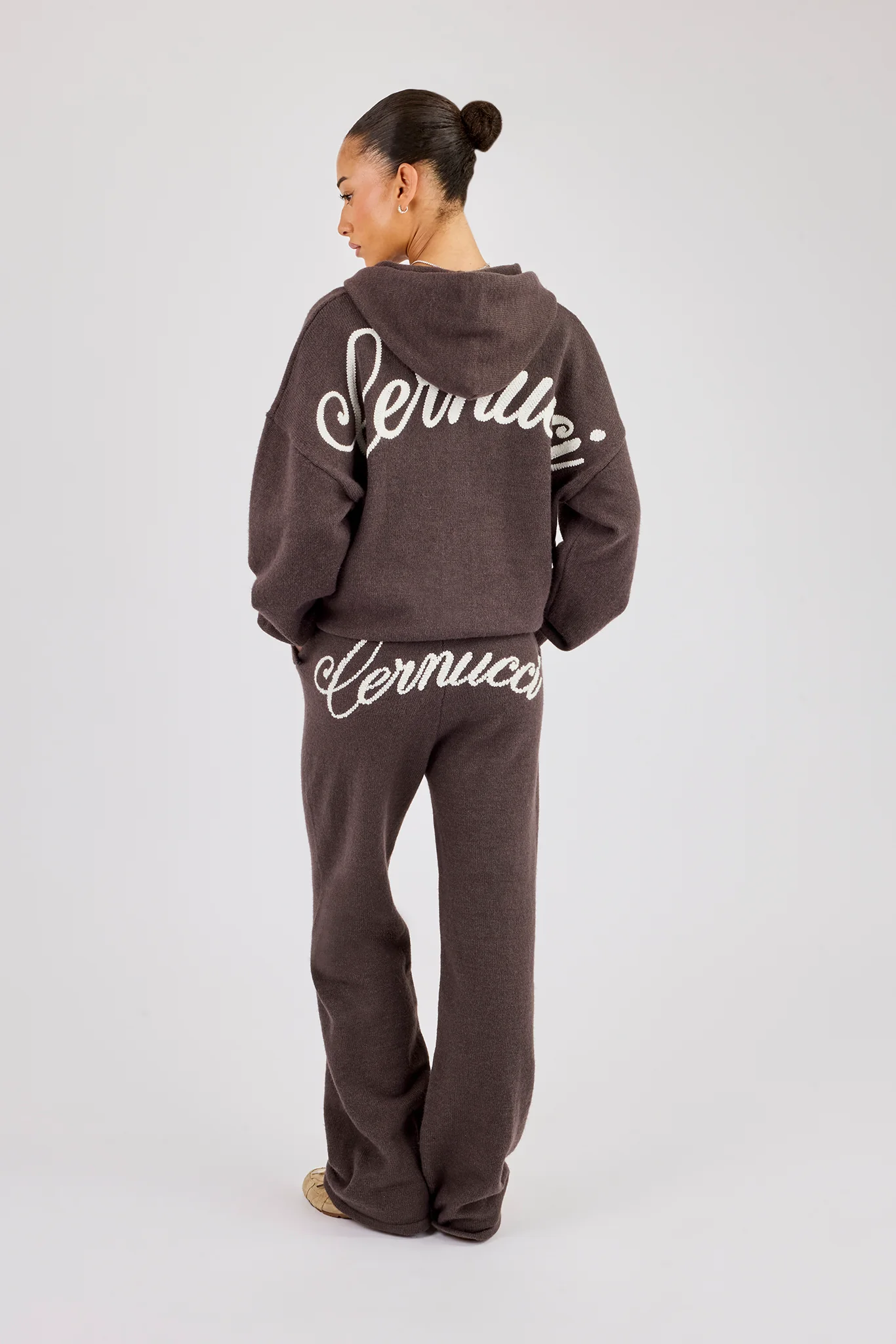 Knitted Cernucci Back Detail Zip Hoodie & Wide Leg Jogger - Brown