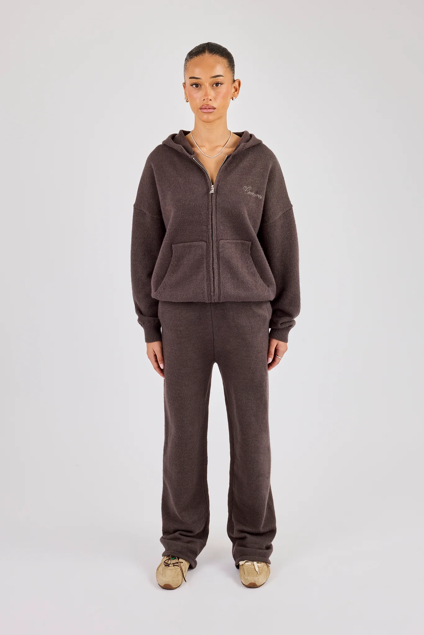 Knitted Cernucci Back Detail Zip Hoodie & Wide Leg Jogger - Brown - Image 4