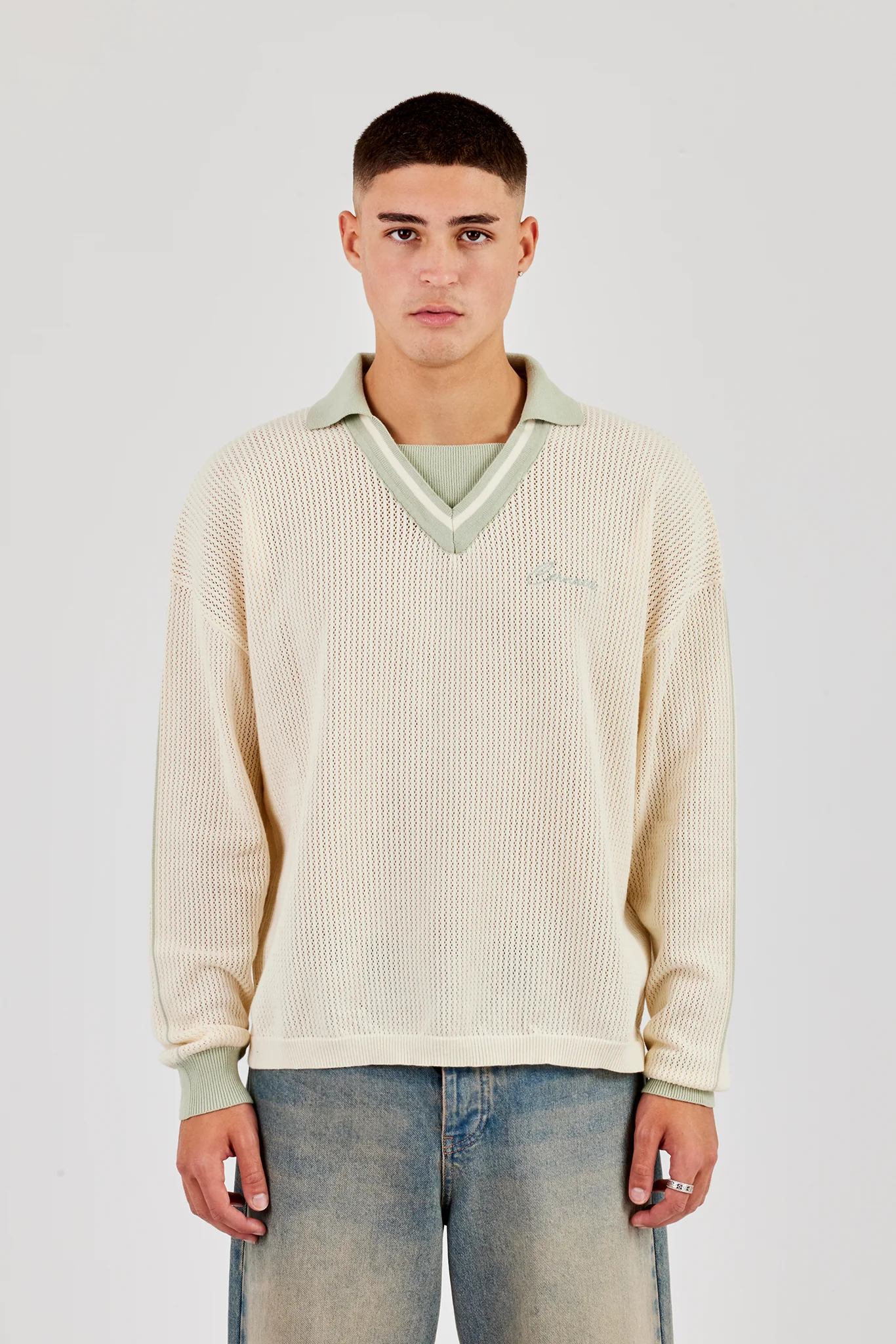 Knitted Cernucci Long Sleeve Polo - Green