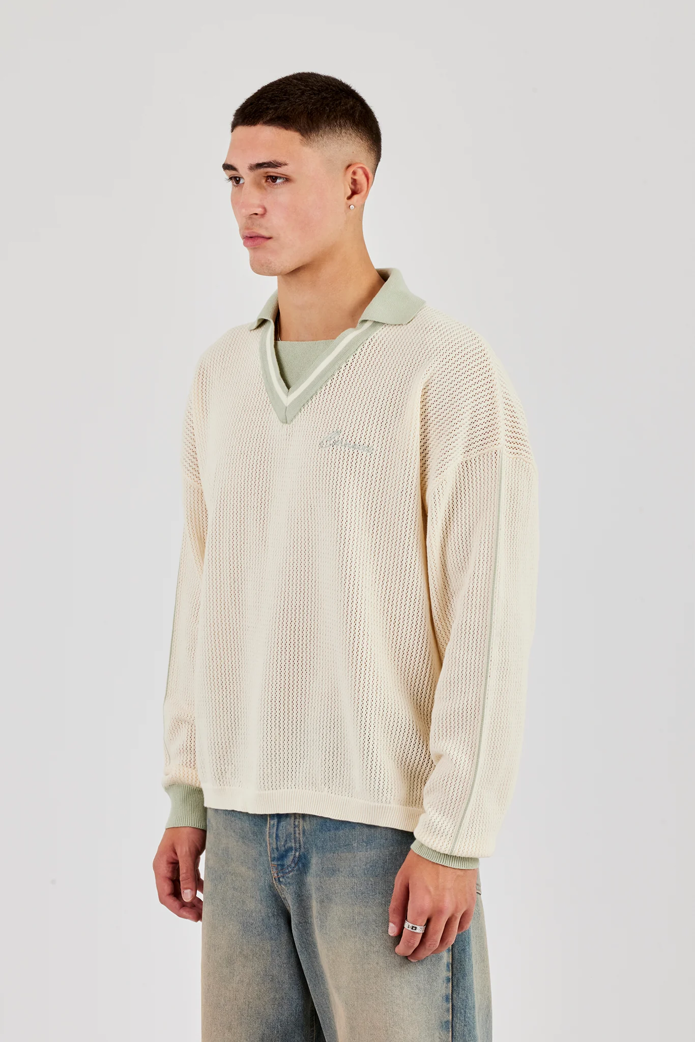 Knitted Cernucci Long Sleeve Polo - Green - Image 5