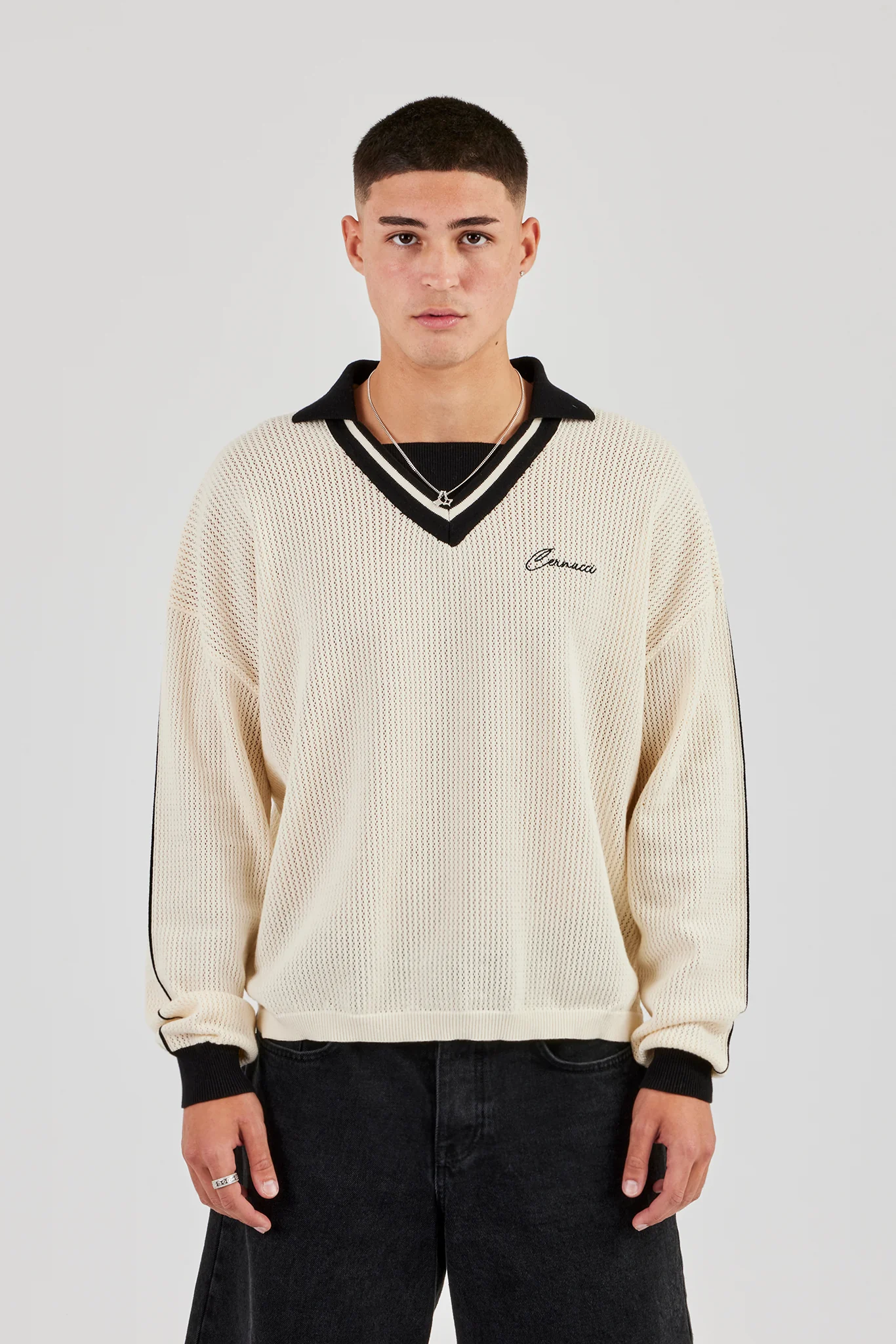 Knitted Cernucci Long Sleeve Polo - White - Image 2