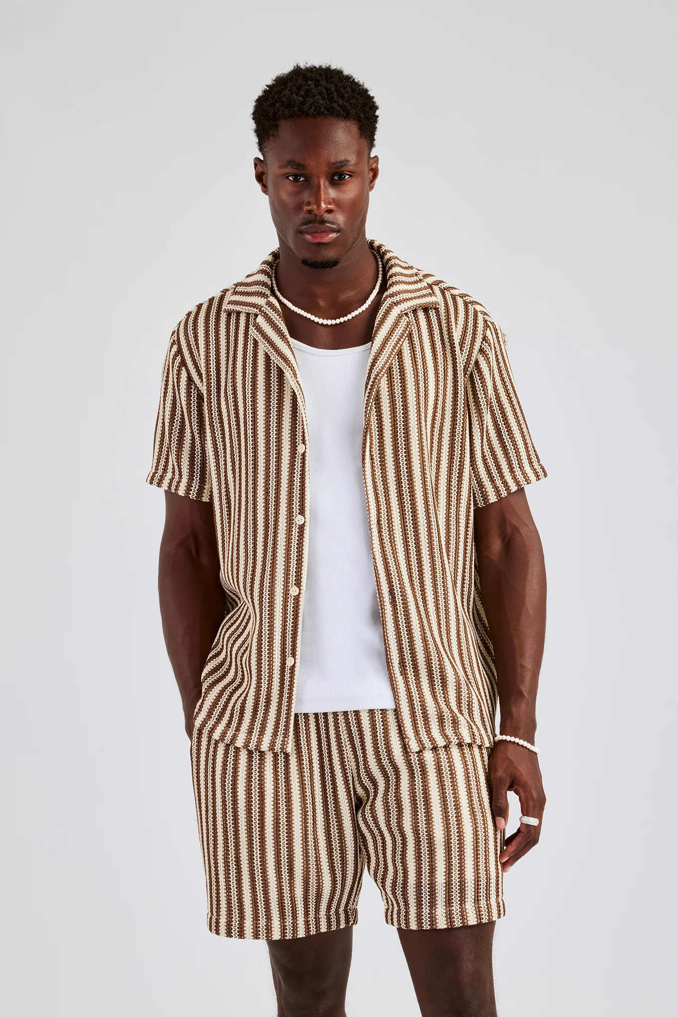 Knitted Contrast Stripe Revere Shirt & Short Set - Chocolate - Image 11