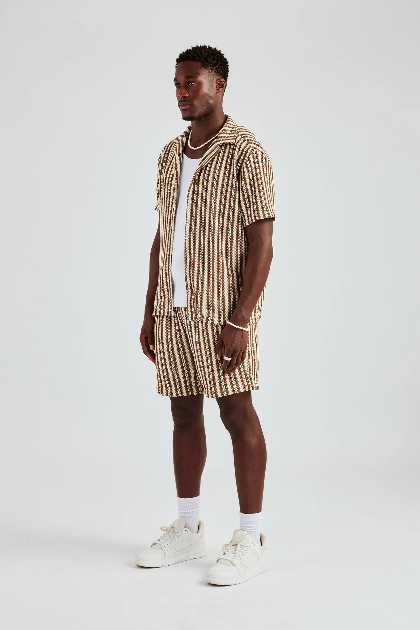 Knitted Contrast Stripe Revere Shirt & Short Set - Chocolate - Image 6