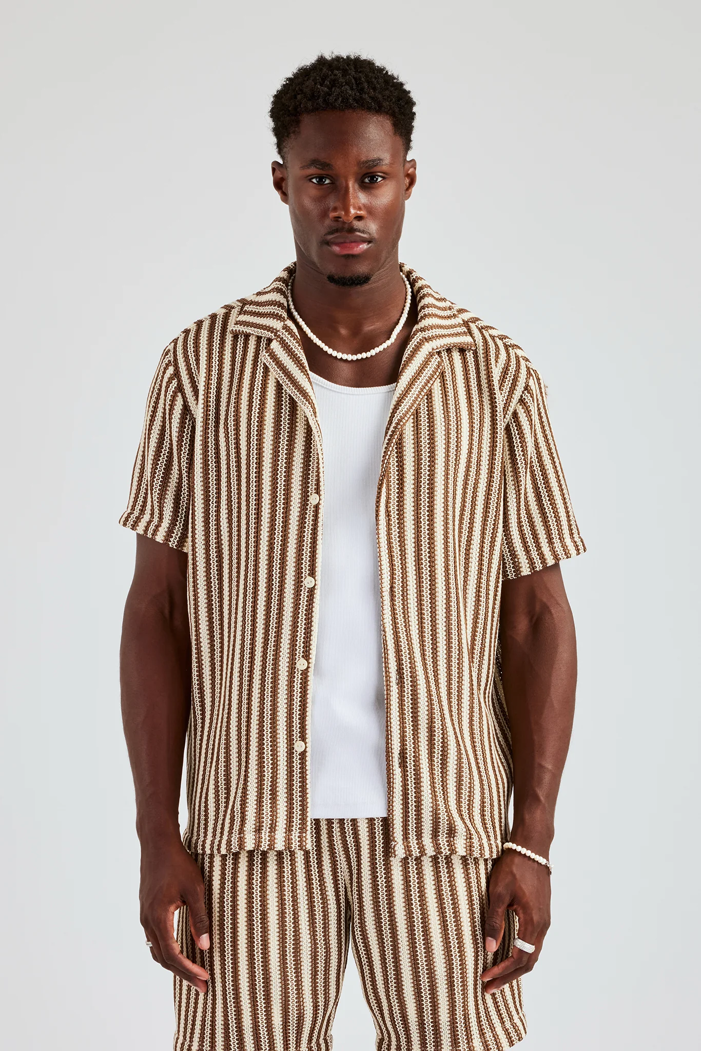 Knitted Contrast Stripe Revere Shirt & Short Set - Chocolate - Image 8