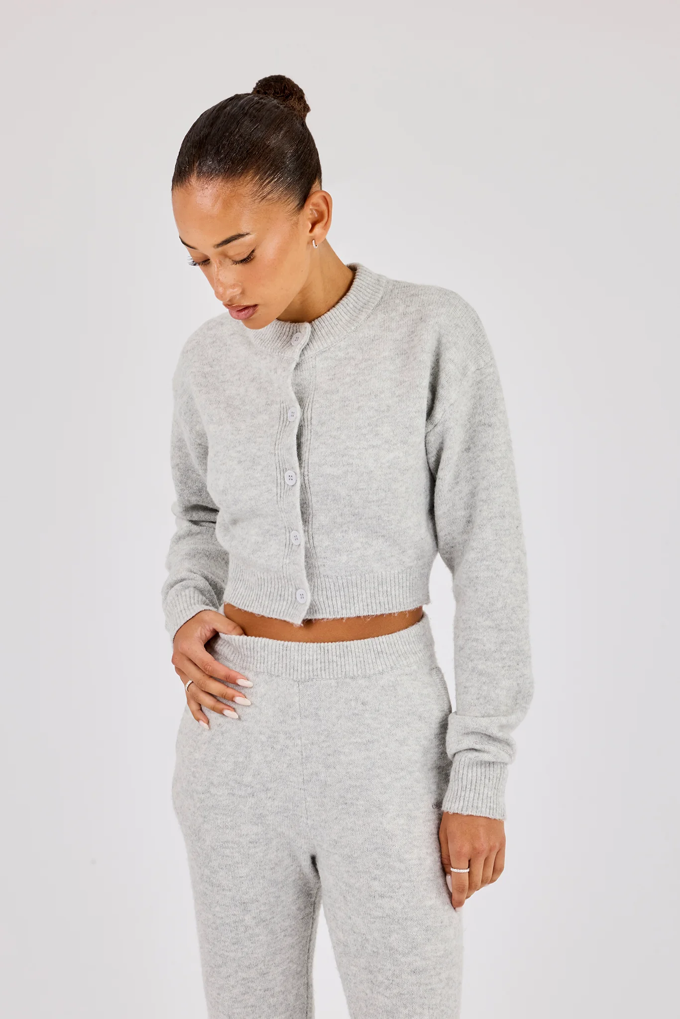 Knitted Cropped Cardigan - Grey - Image 2