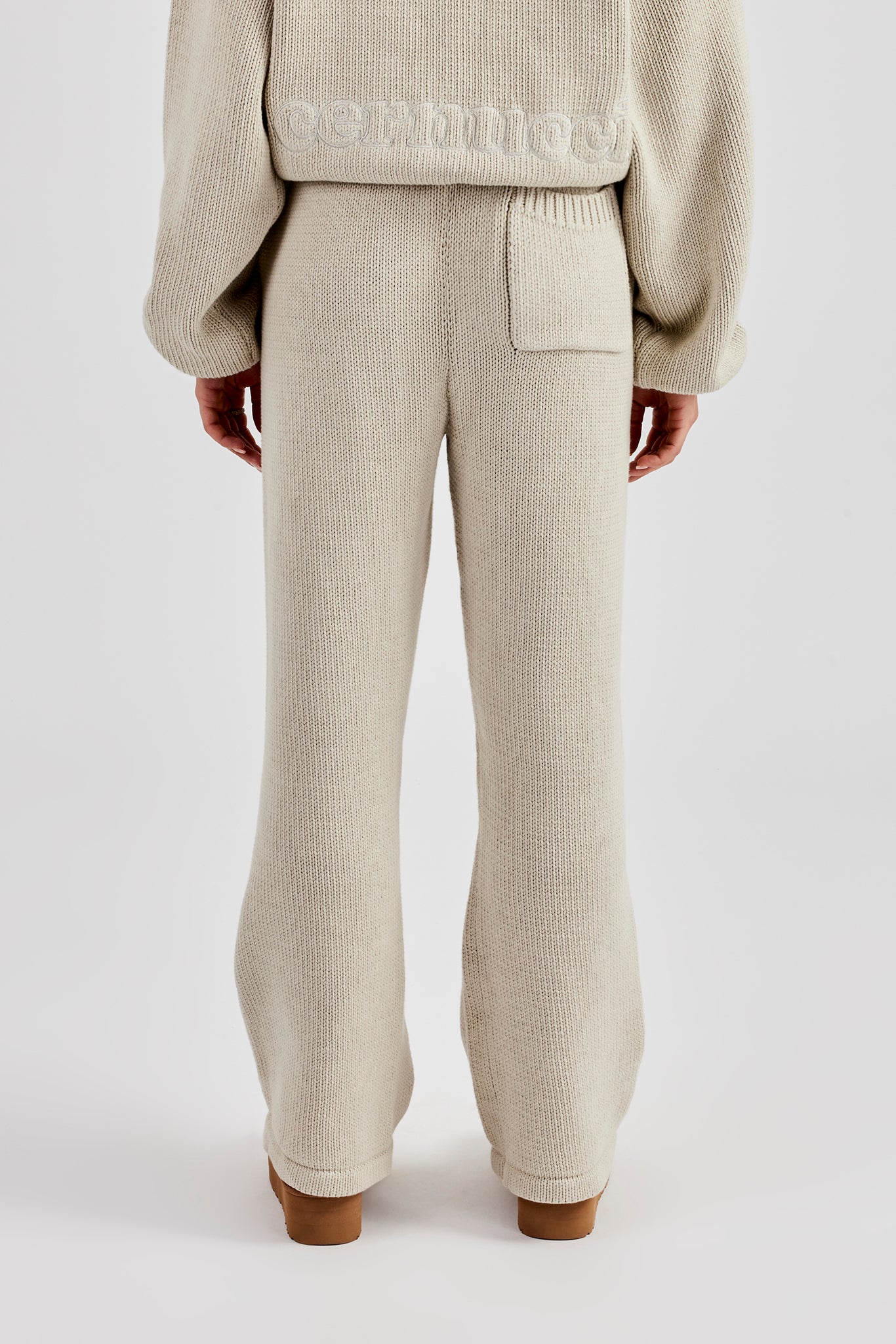 Knitted Embroidered Wide Leg Jogger - Stone - Image 4