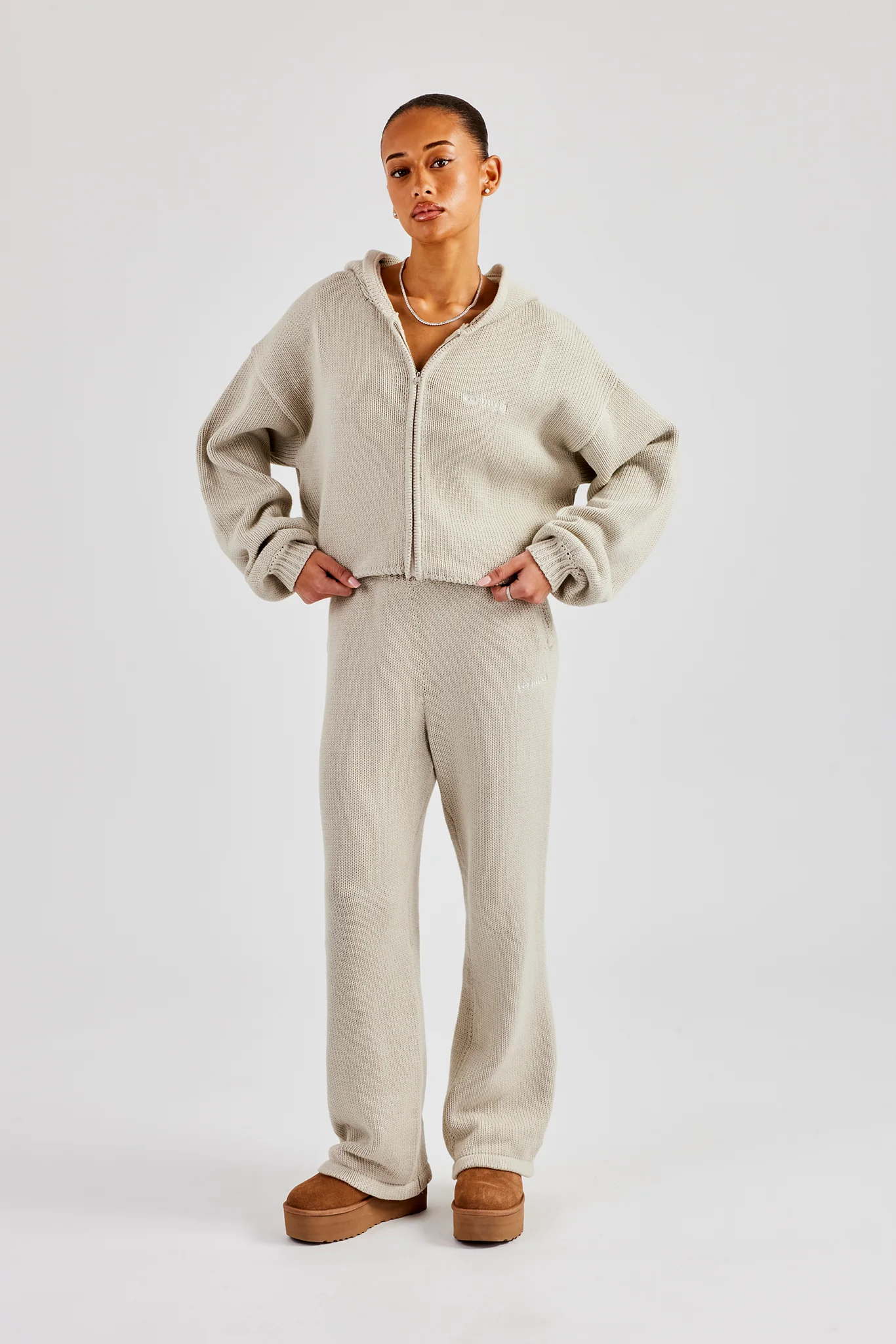 Knitted Embroidered Wide Leg Jogger - Stone - Image 5