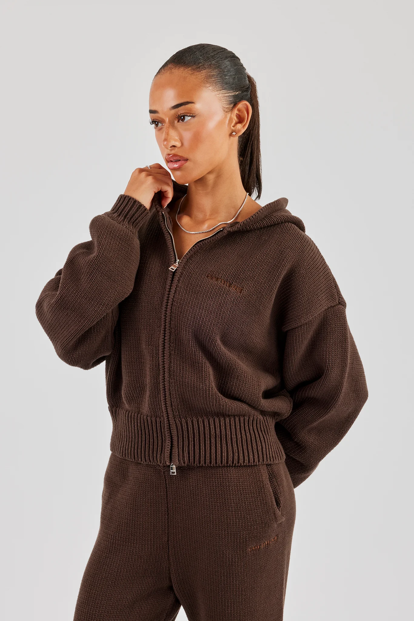 Knitted Embroidered Zip Through Hoodie - Chocolate - Image 2