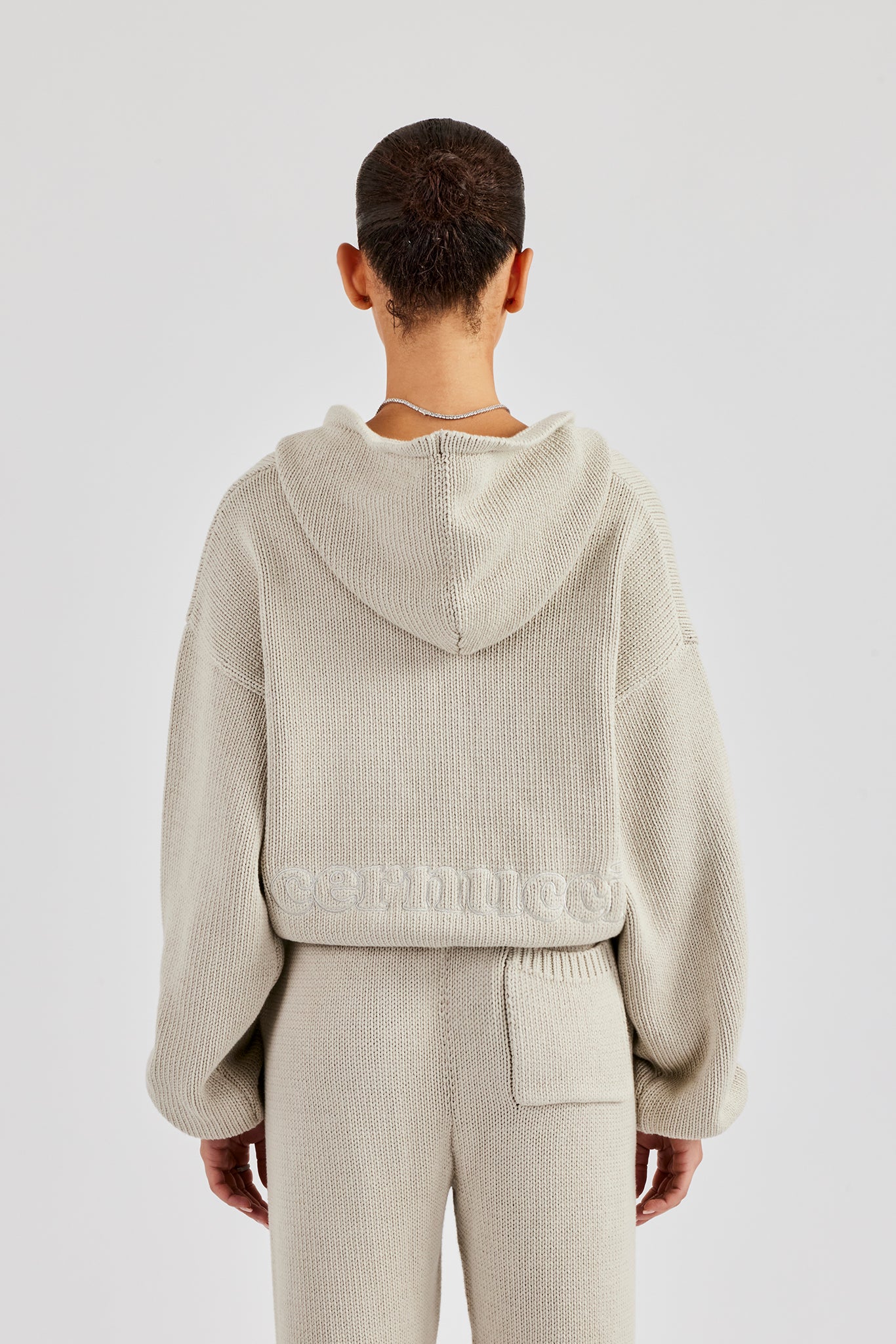 Knitted Embroidered Zip Through Hoodie - Stone - Image 3