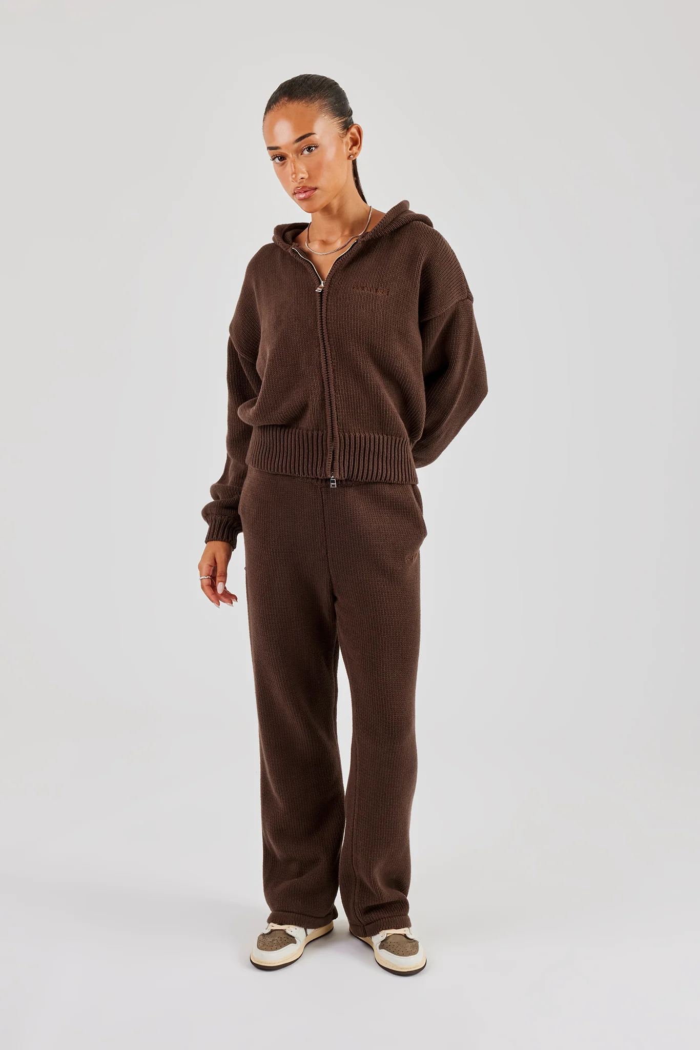 Knitted Embroidered Zip Through Tracksuit - Chocolate - Image 4