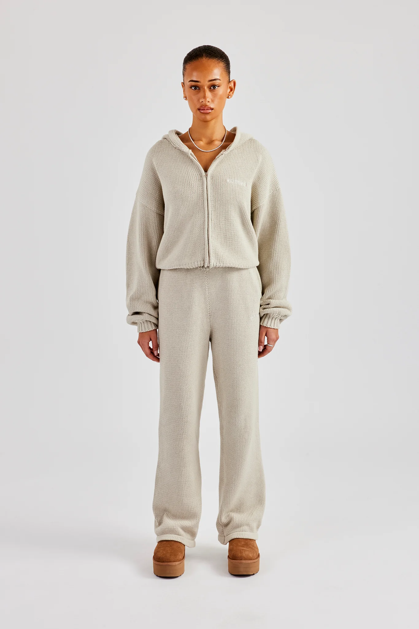 Knitted Embroidered Zip Through Tracksuit - Stone - Image 4