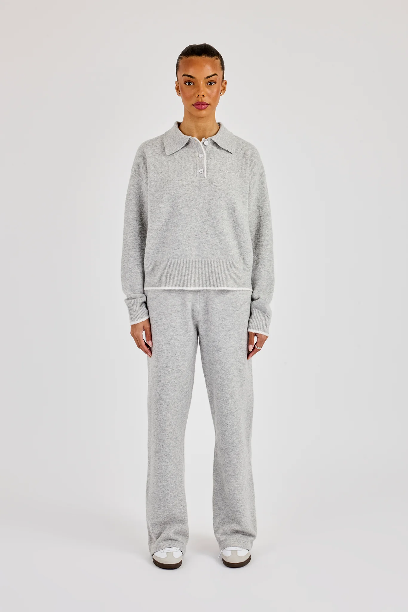 Knitted Long Sleeve Polo & Jogger With Contrast Tipping - Grey - Image 4