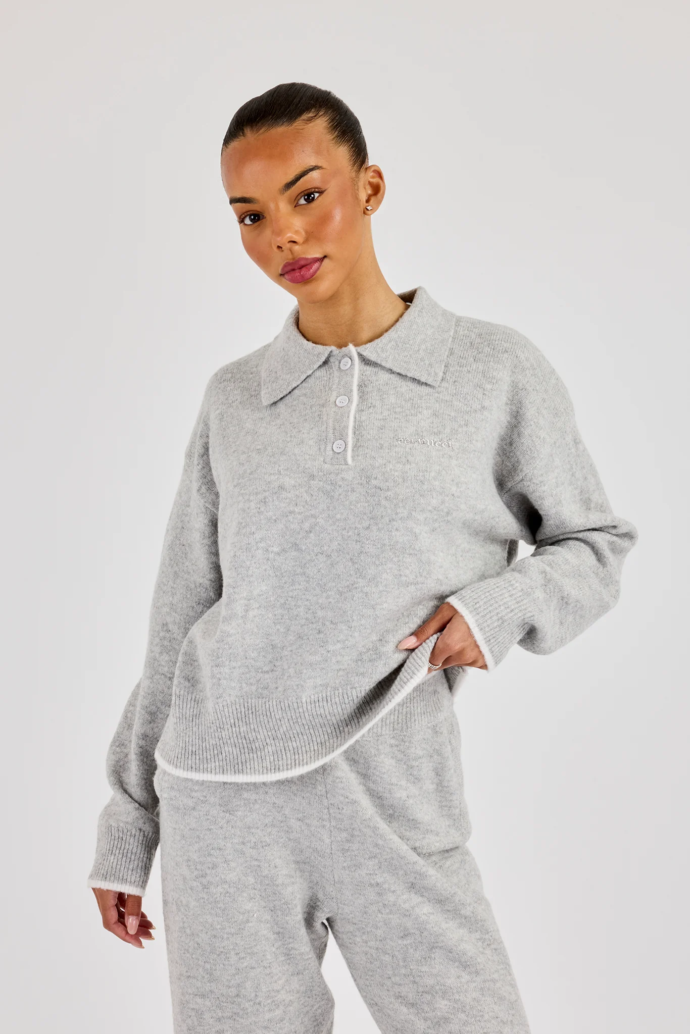 Knitted Long Sleeve Polo With Contrast Tipping - Grey - Image 2