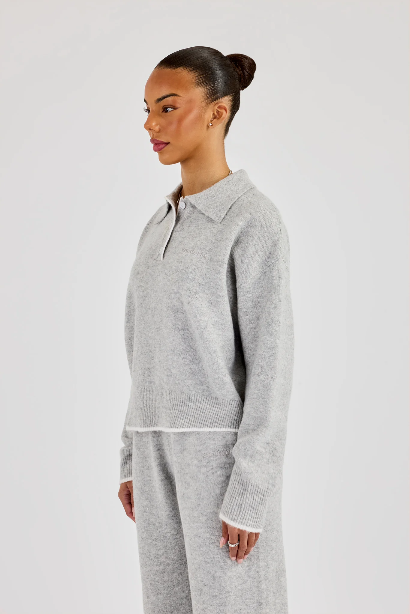 Knitted Long Sleeve Polo With Contrast Tipping - Grey - Image 3