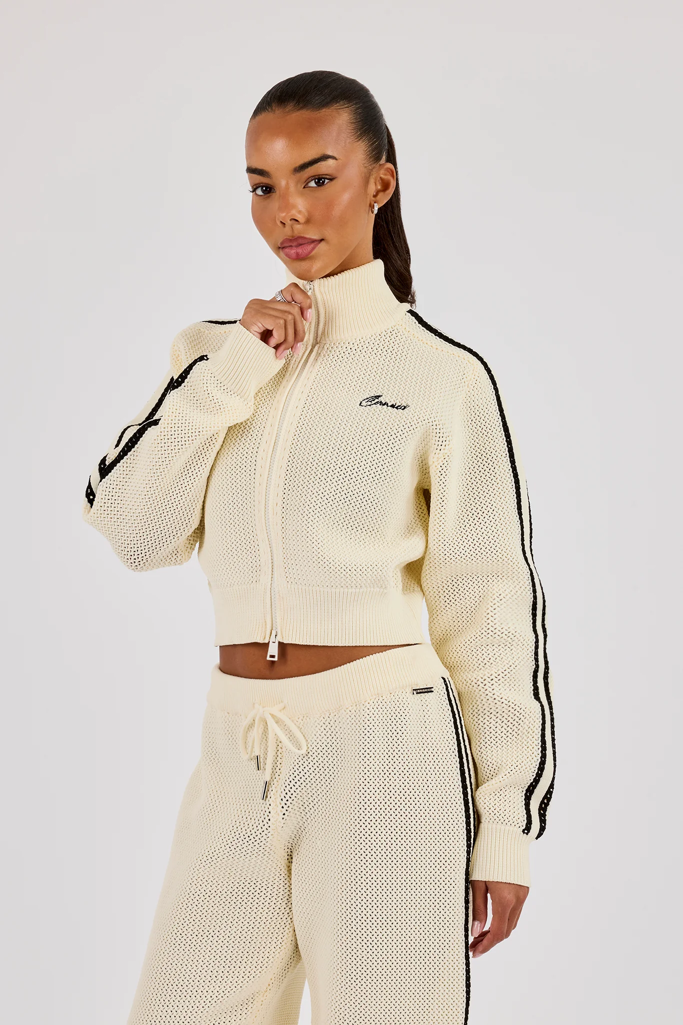 Knitted Taping Funnel Neck Track Jacket - Off White