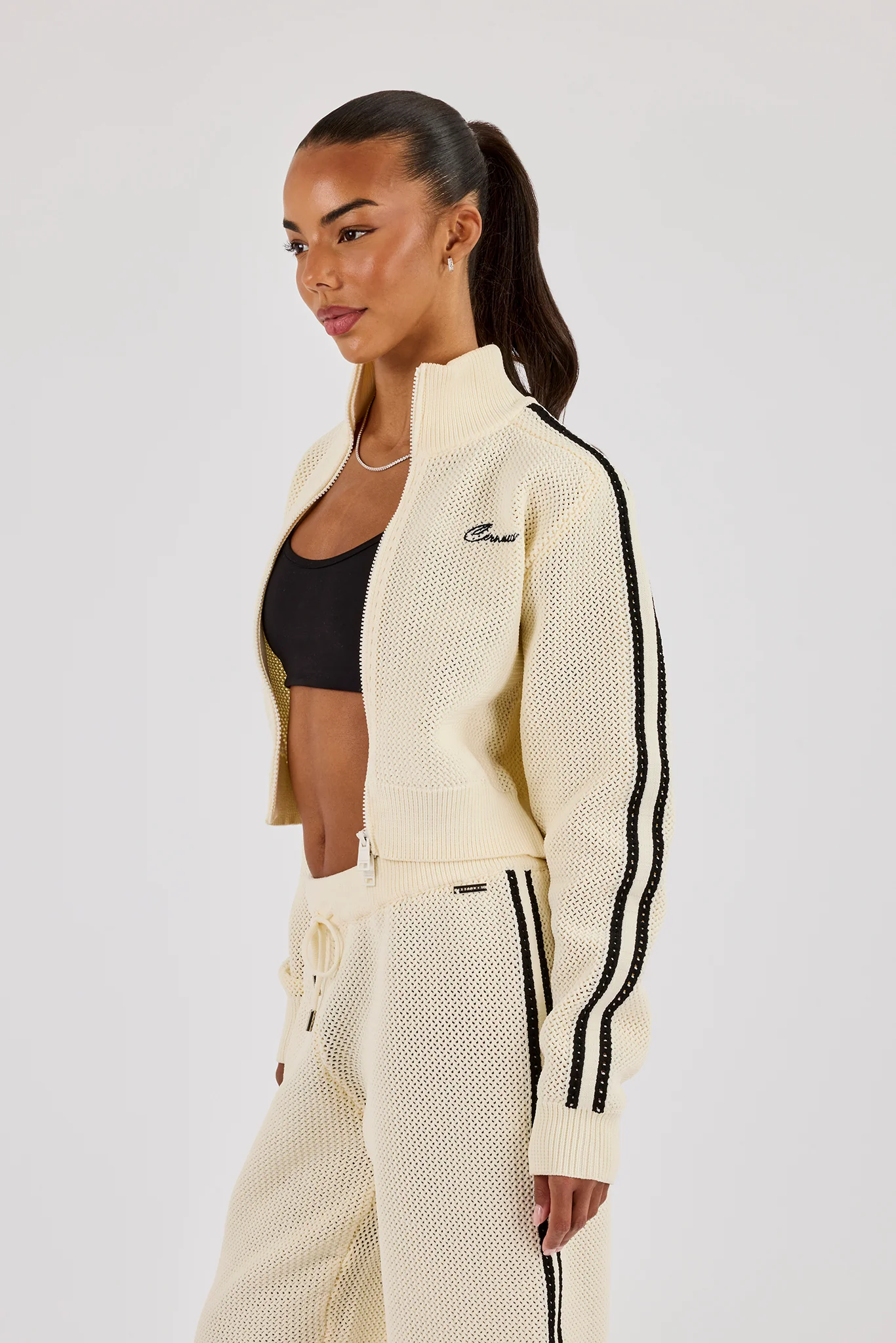 Knitted Taping Funnel Neck Track Jacket - Off White - Image 3
