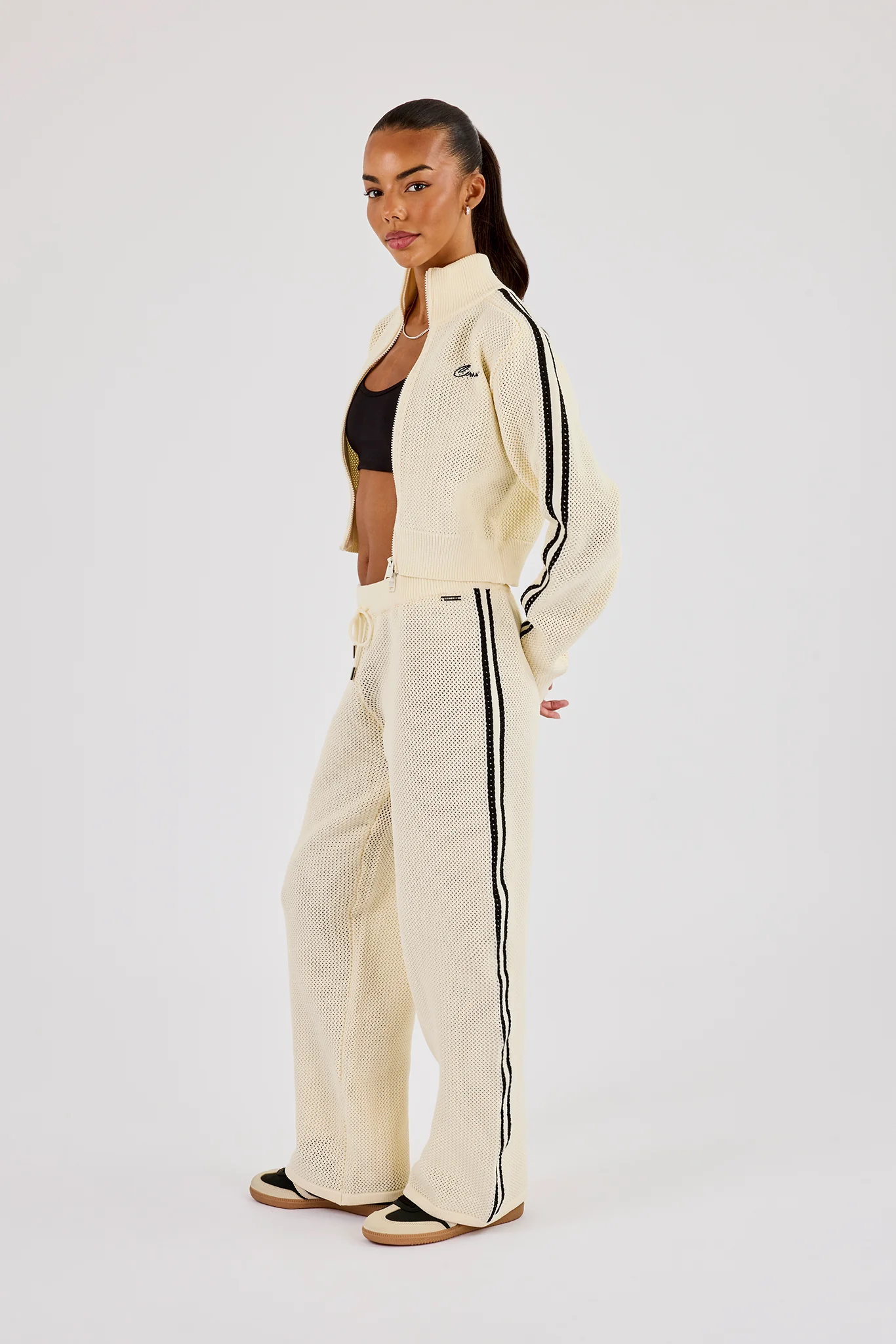 Knitted Taping Funnel Neck Track Jacket & Wide Leg Jogger - Off White - Image 3