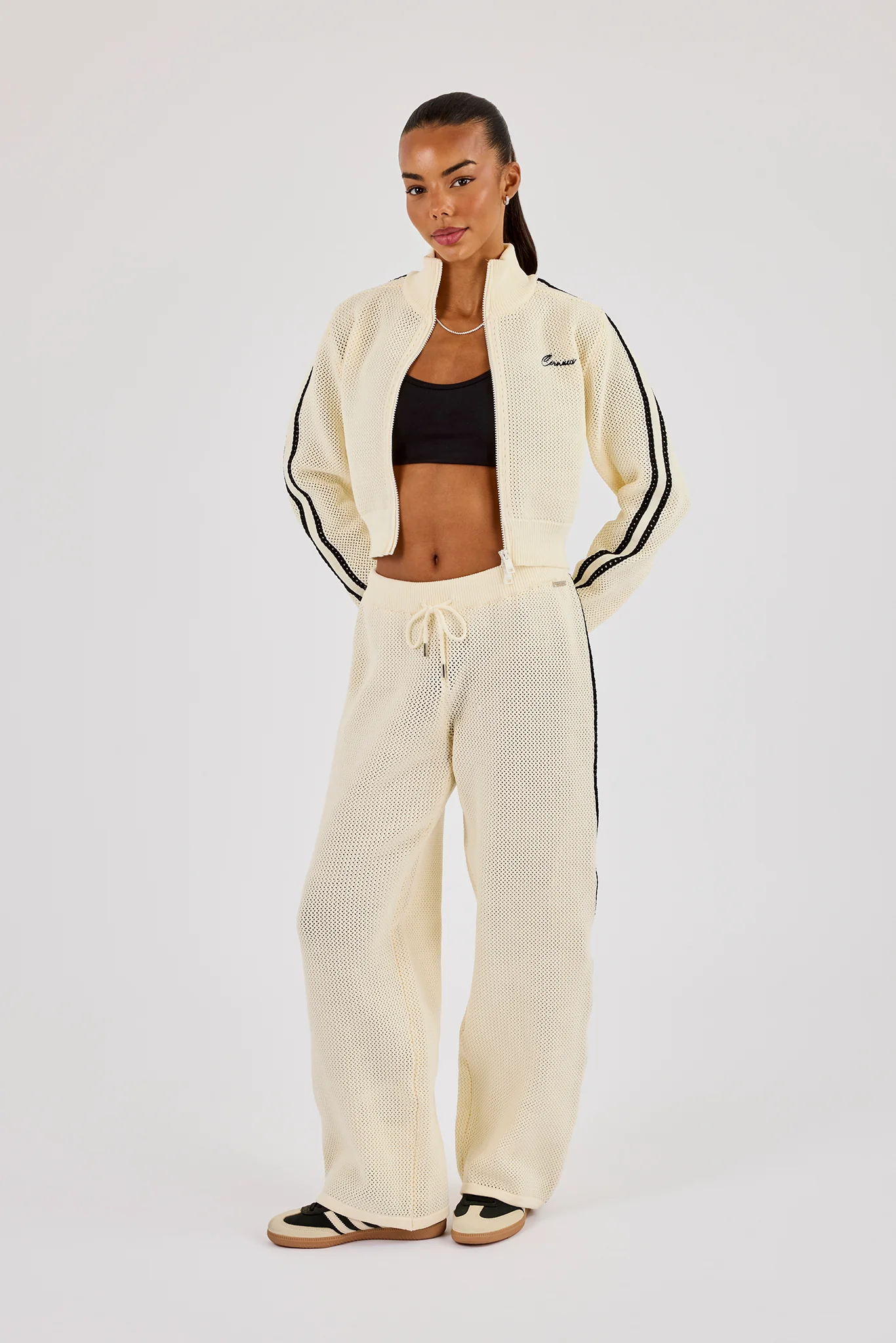 Knitted Taping Funnel Neck Track Jacket & Wide Leg Jogger - Off White - Image 5