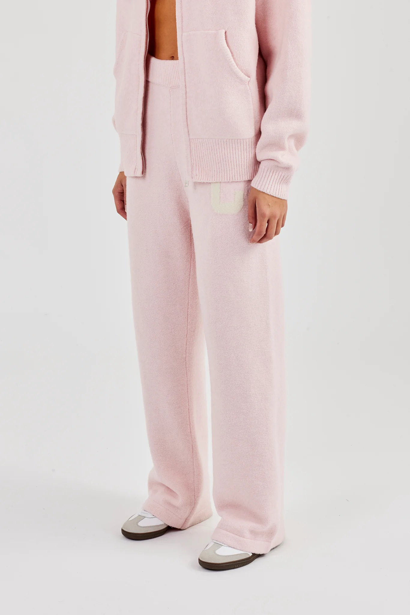 Knitted Wide Leg Jogger - Baby Pink - Image 6