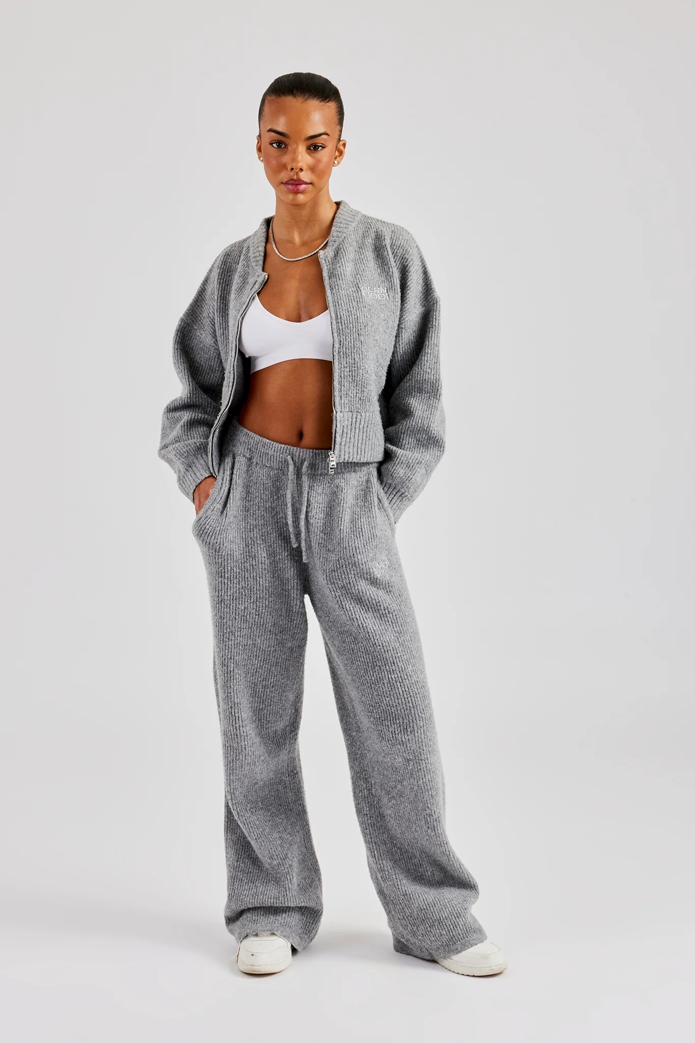 Knitted Zip Bomber & Straight Leg Trouser - Grey - Image 4