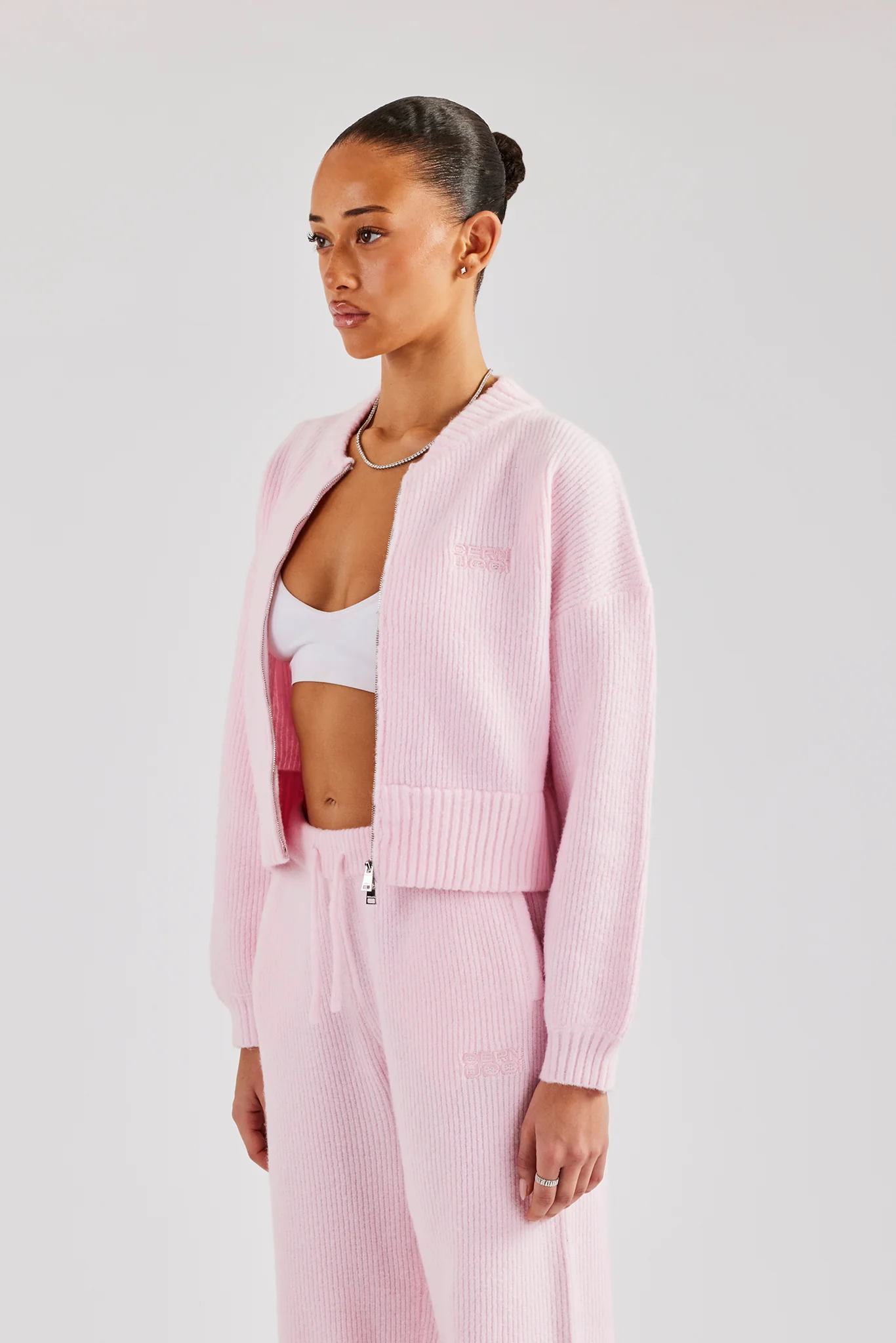 Knitted Zip Front Bomber - Baby Pink - Image 3
