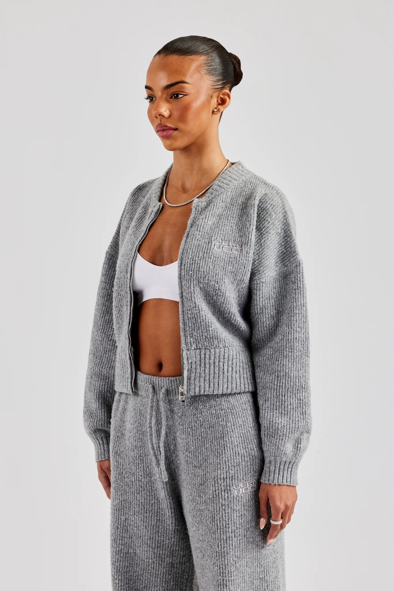 Knitted Zip Front Bomber - Grey - Image 3