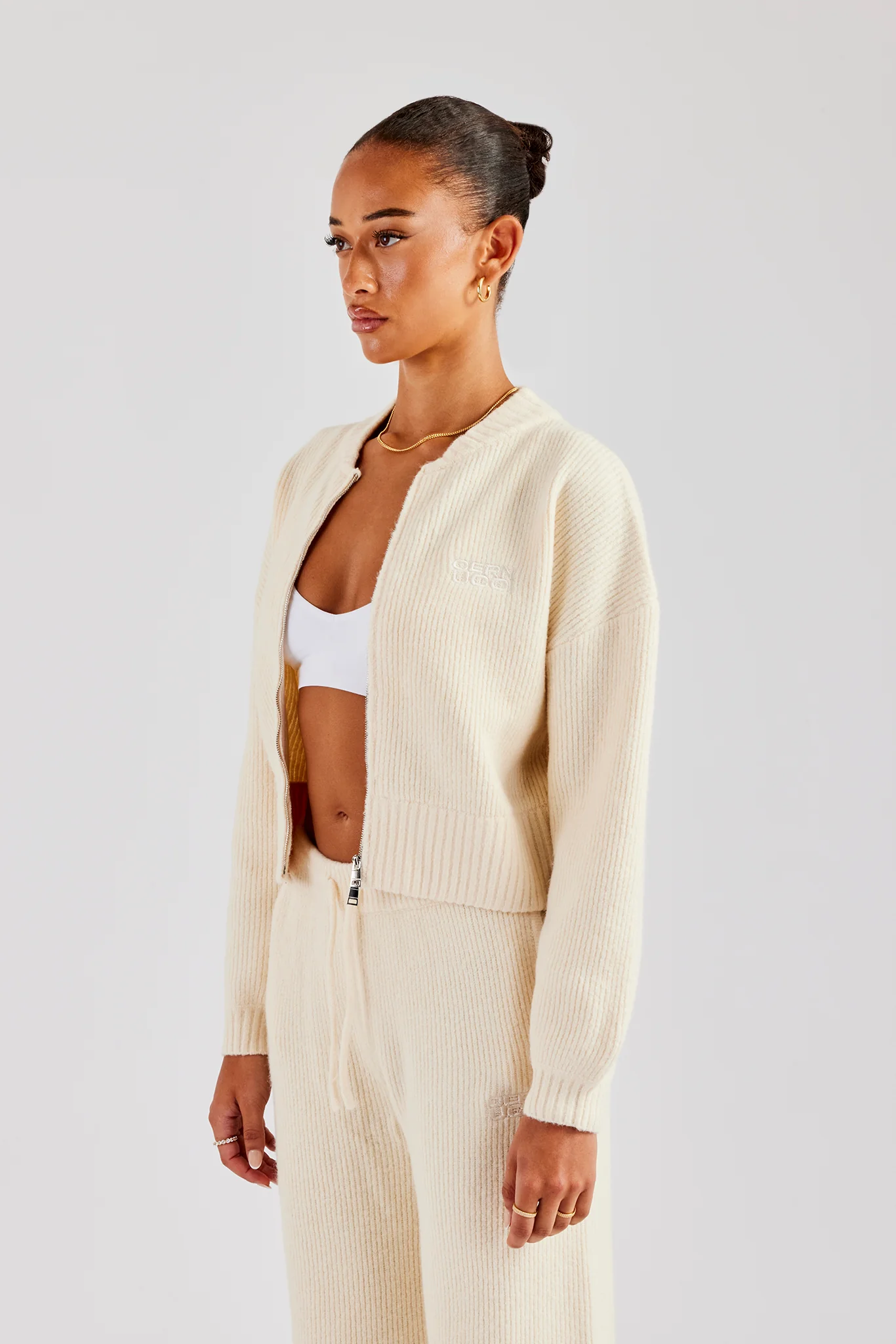Knitted Zip Front Bomber - Oatmeal - Image 3