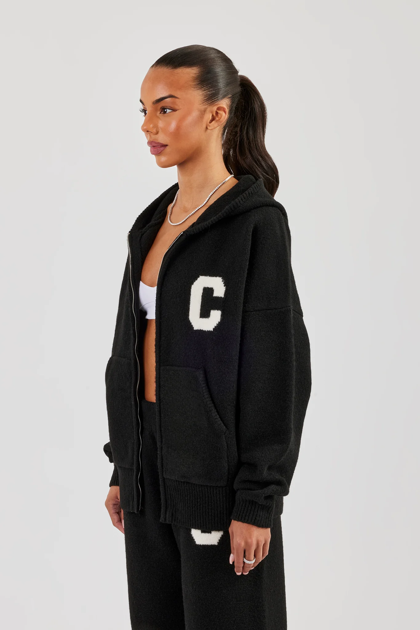Knitted Zip Through Hoodie - Black - Image 2