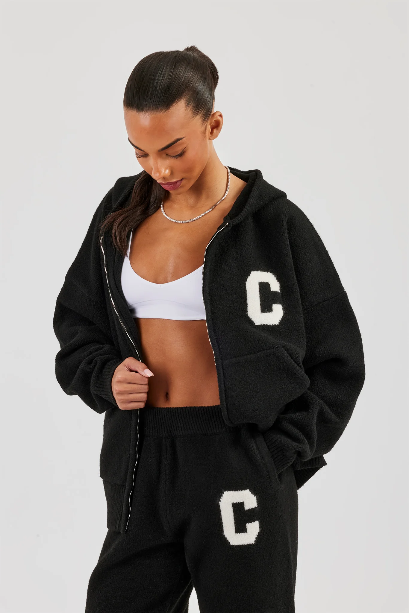 Knitted Zip Through Hoodie - Black - Image 4