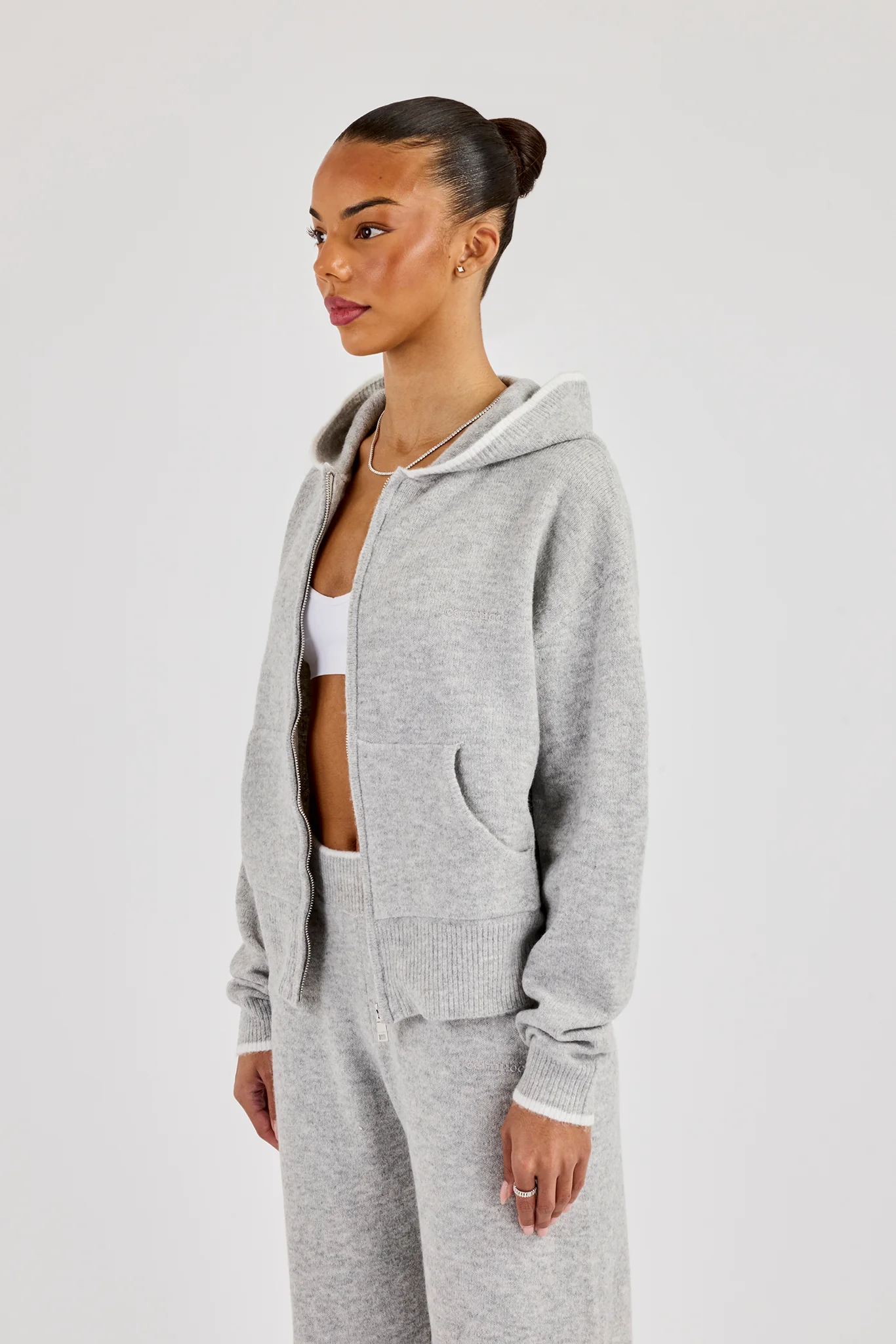 Knitted Zip Through Hoodie With Contrast Tipping - Grey - Image 2