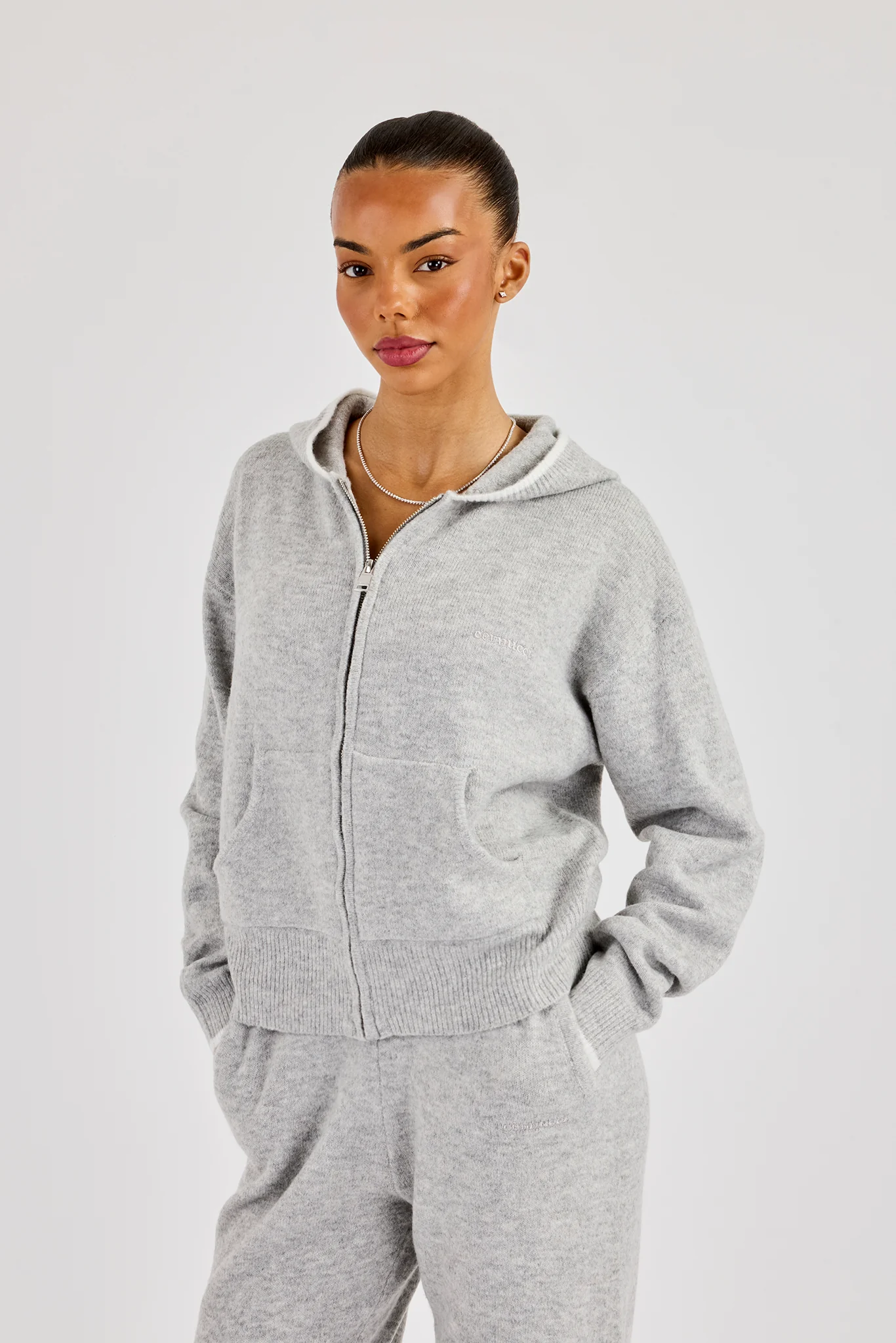 Knitted Zip Through Hoodie With Contrast Tipping - Grey - Image 4
