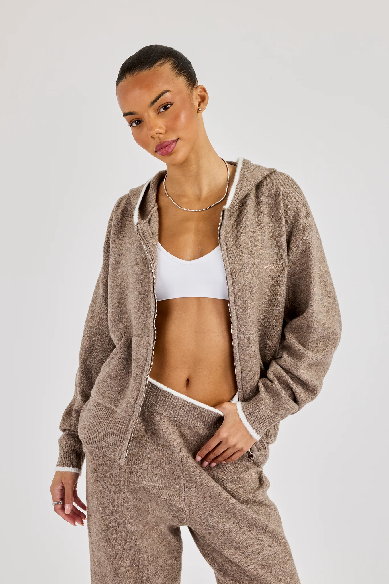 Knitted Zip Through Hoodie With Contrast Tipping - Taupe