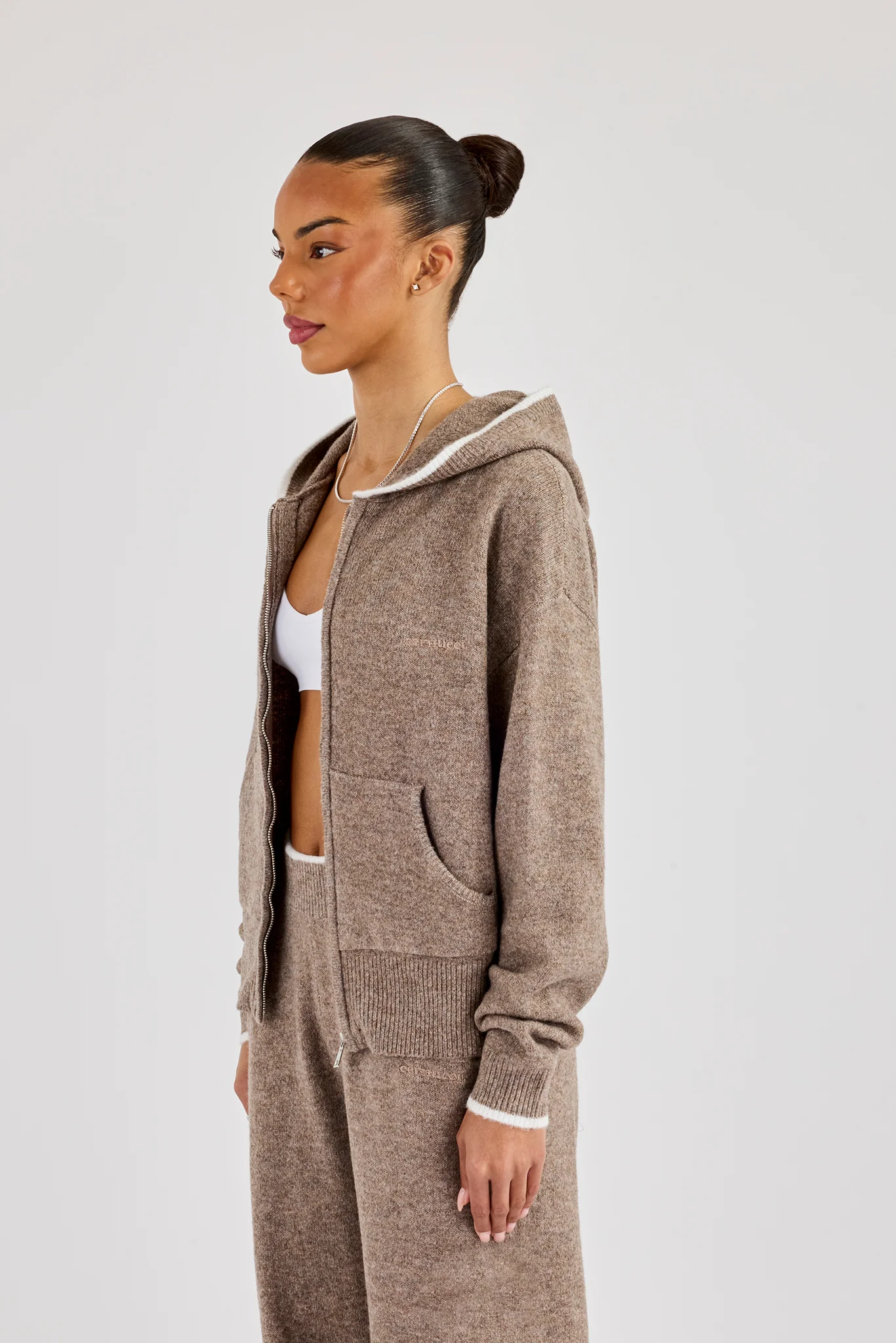 Knitted Zip Through Hoodie With Contrast Tipping - Taupe - Image 2