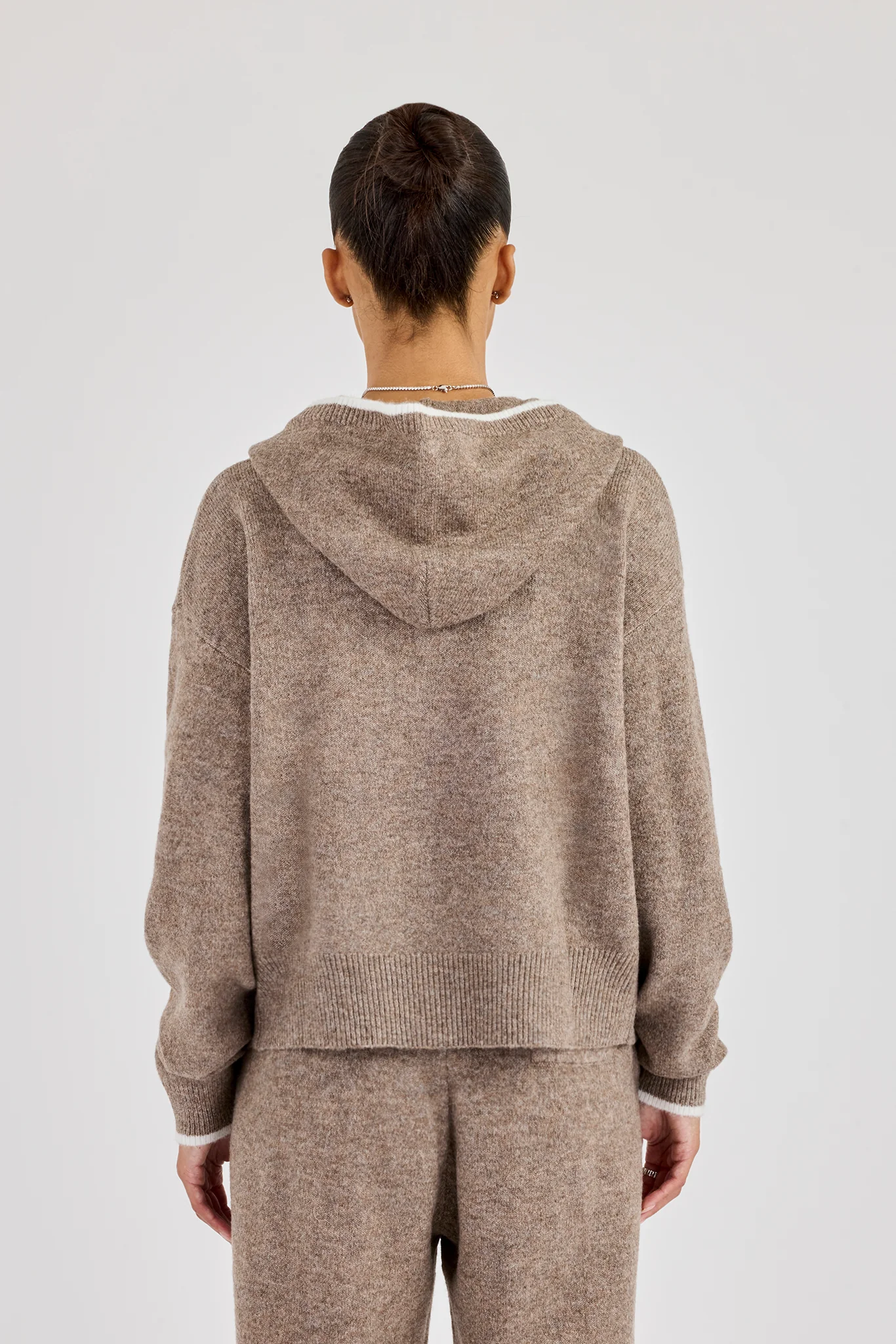 Knitted Zip Through Hoodie With Contrast Tipping - Taupe - Image 3