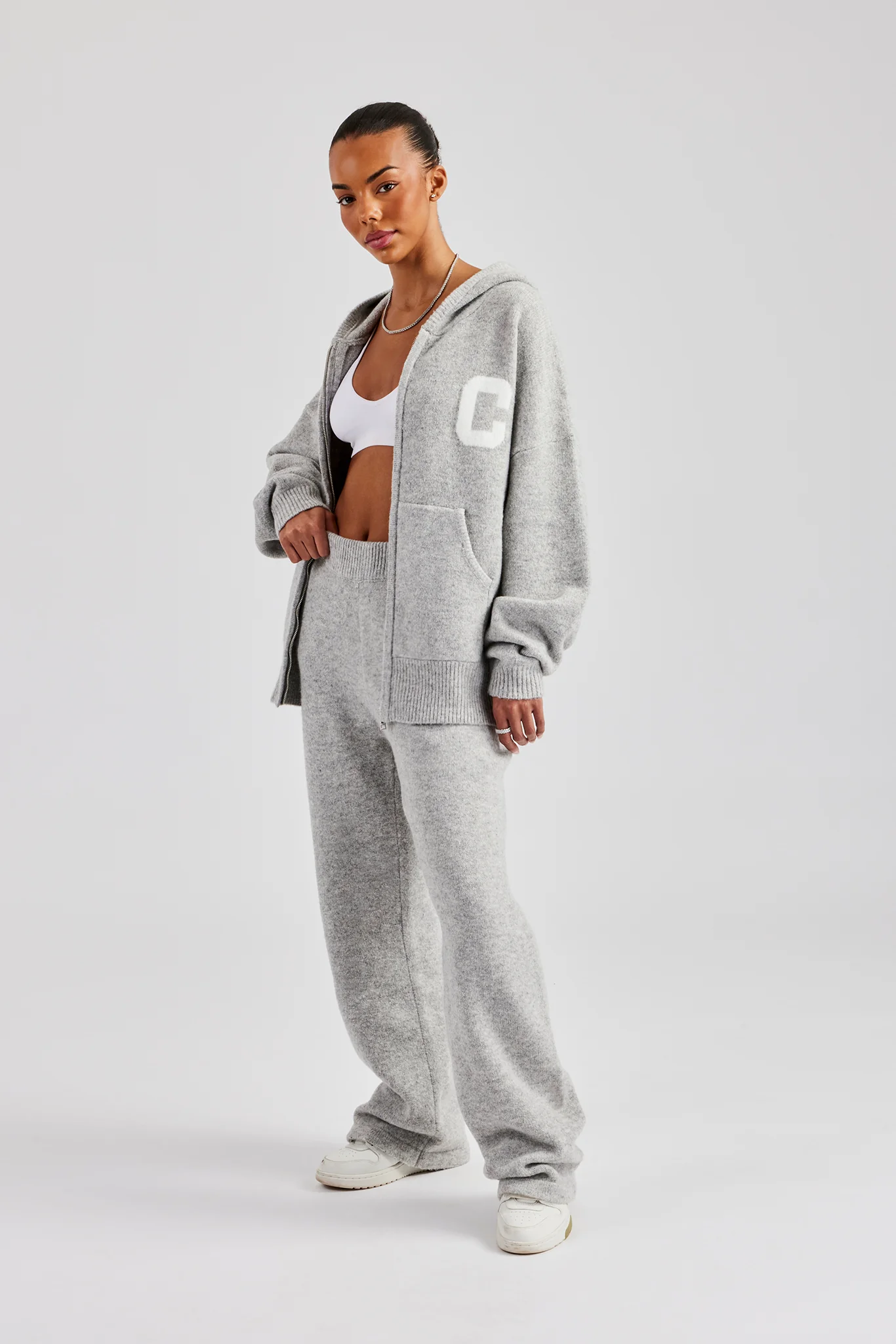 Knitted Zip Through Tracksuit - Light Grey - Image 4