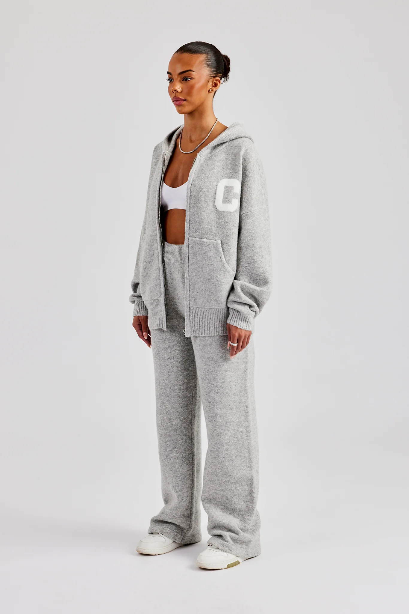Knitted Zip Through Tracksuit - Light Grey - Image 6