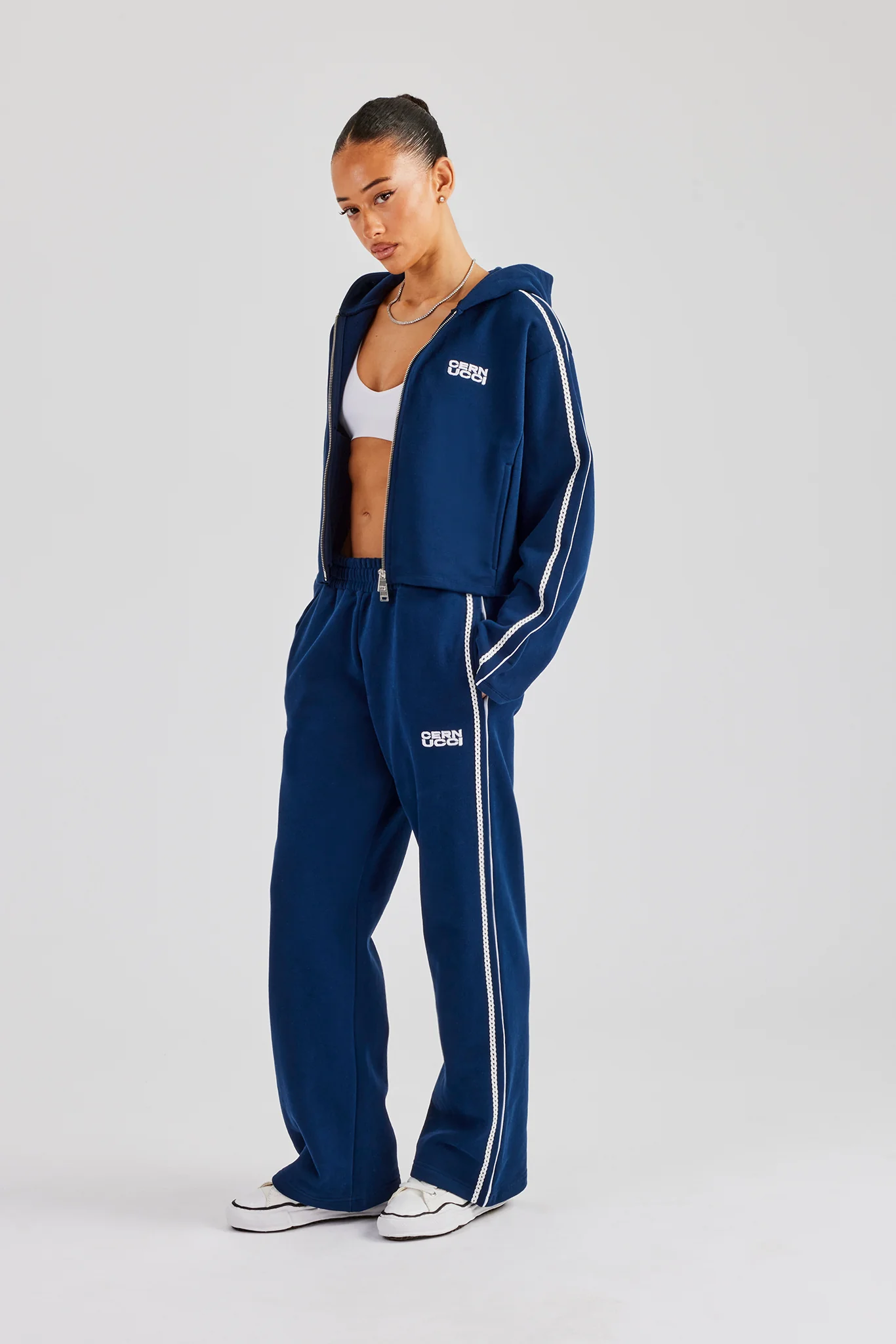 Lace Edge Wide Leg Jogger - Navy Blue - Image 4