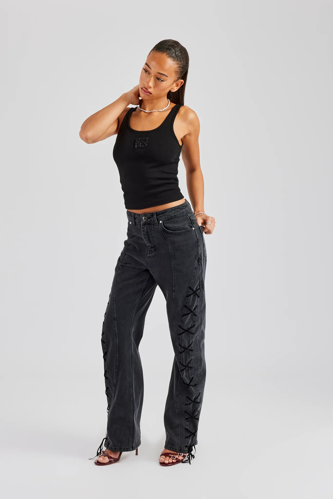 Lace Up Detail Relaxed Denim Jean - Washed Black - Image 3