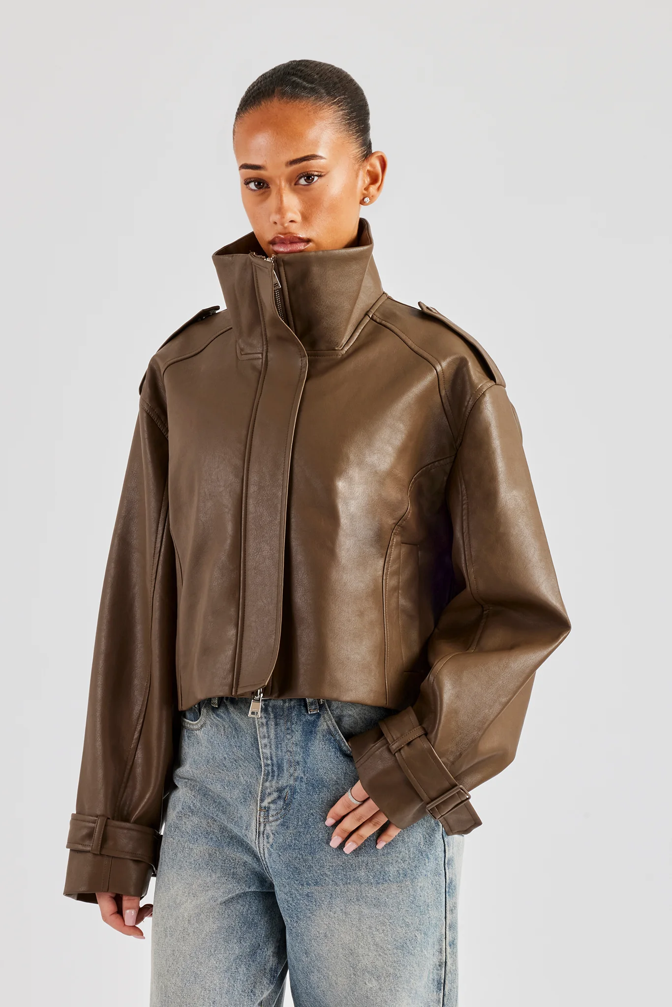 Ladies Cropped Faux Leather Trench Coat - Brown - Image 2