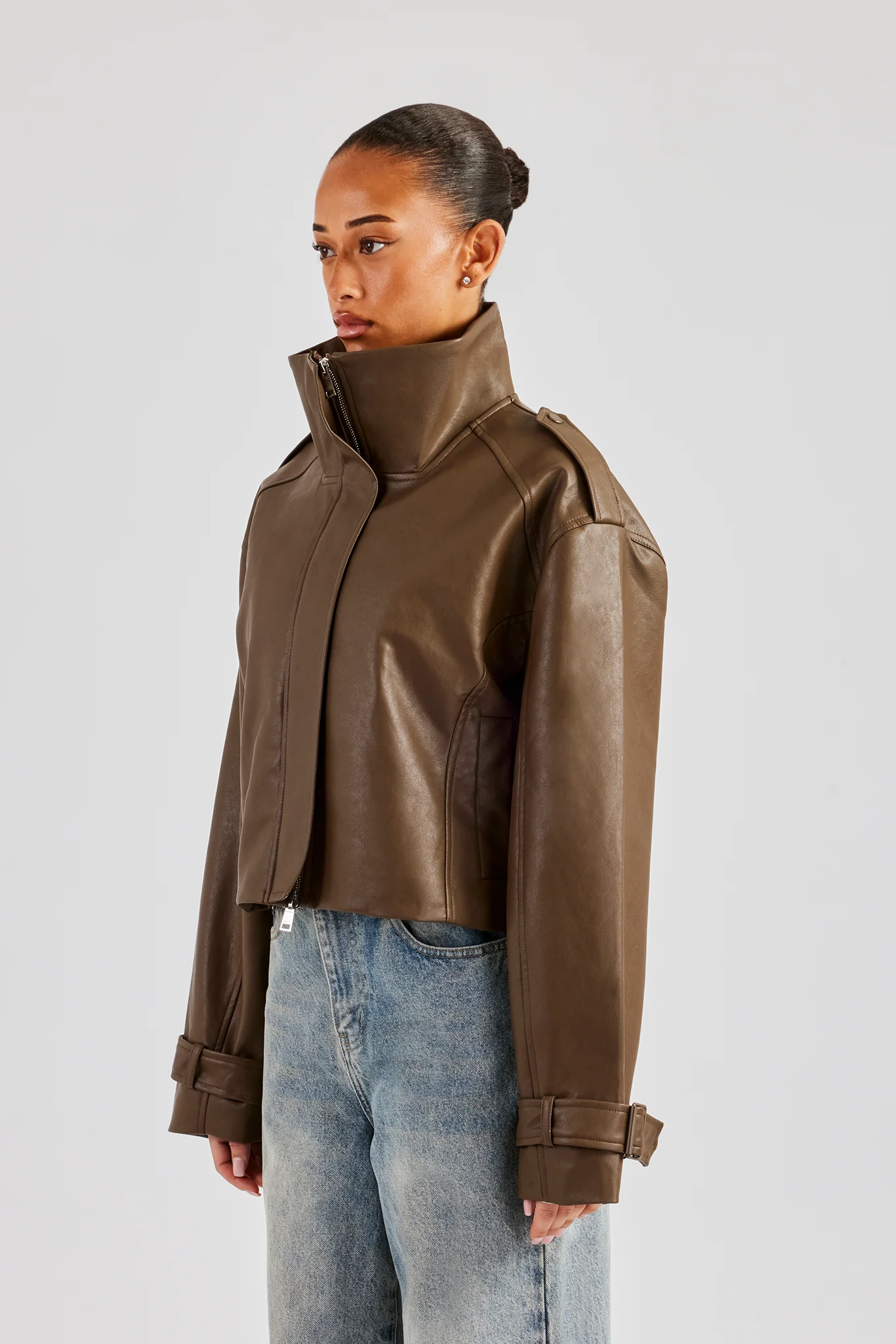 Ladies Cropped Faux Leather Trench Coat - Brown - Image 3