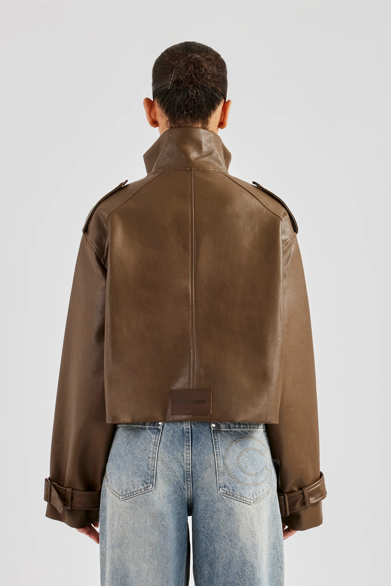 Ladies Cropped Faux Leather Trench Coat - Brown - Image 4
