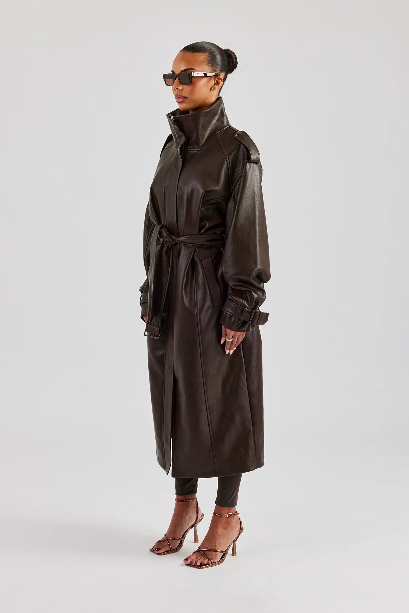 Ladies Faux Leather Trench Coat - Chocolate