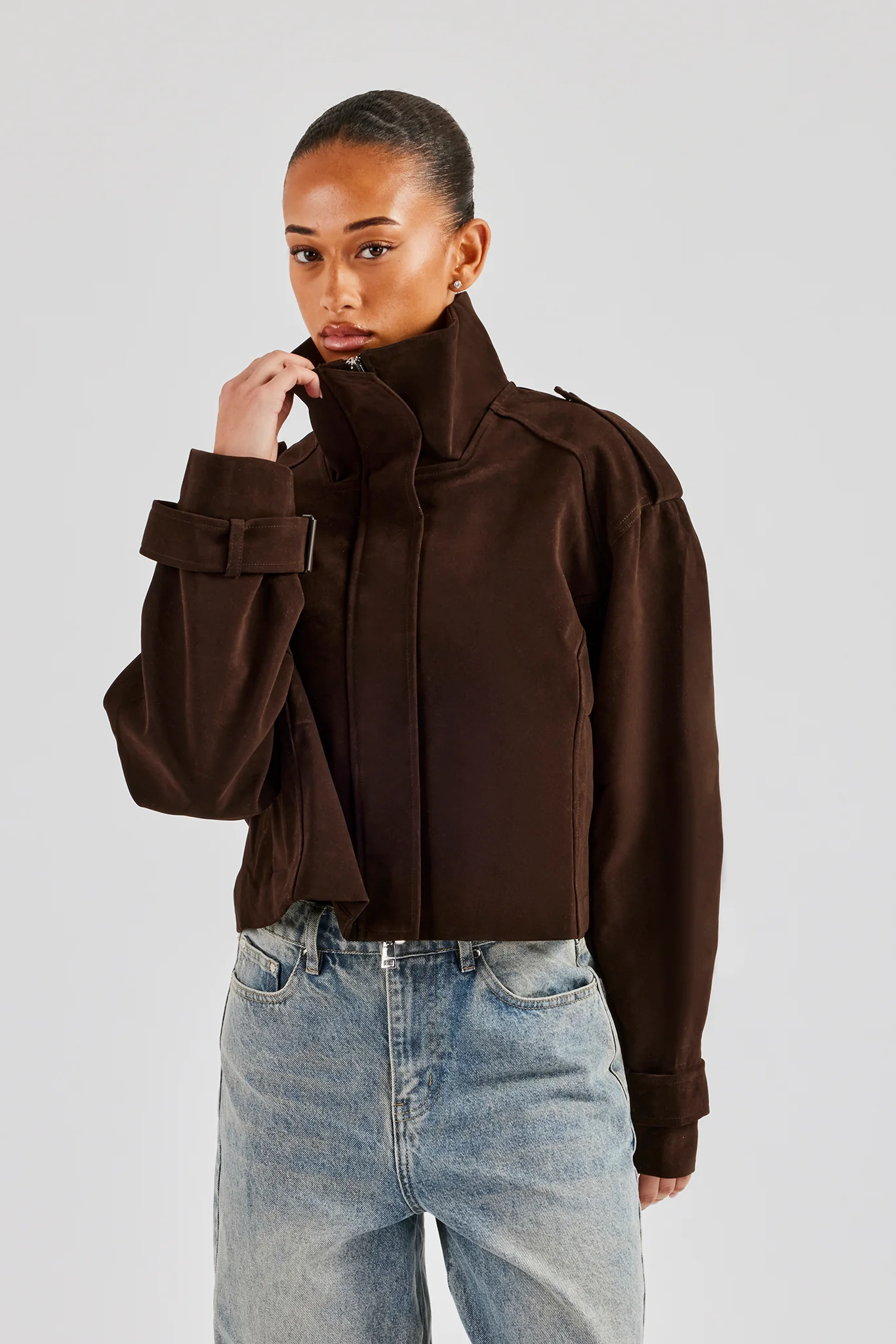 Ladies Faux Suede Cropped Trench Coat - Chocolate - Image 2